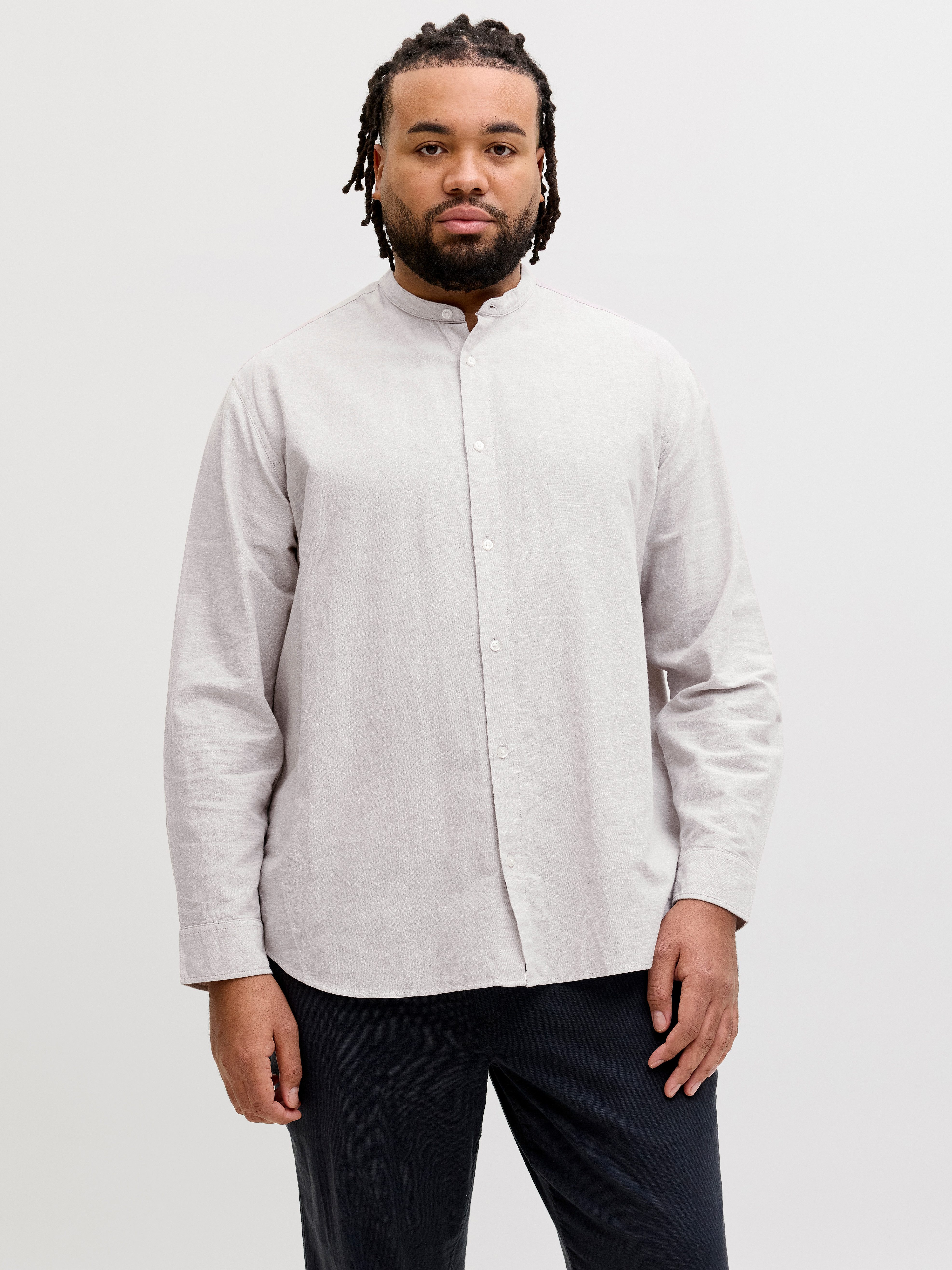 Jack & Jones PlusSize Langarmhemd JJEBREEZE LINEN BLEND BAND SHIRT L PLS mit Stehkragen