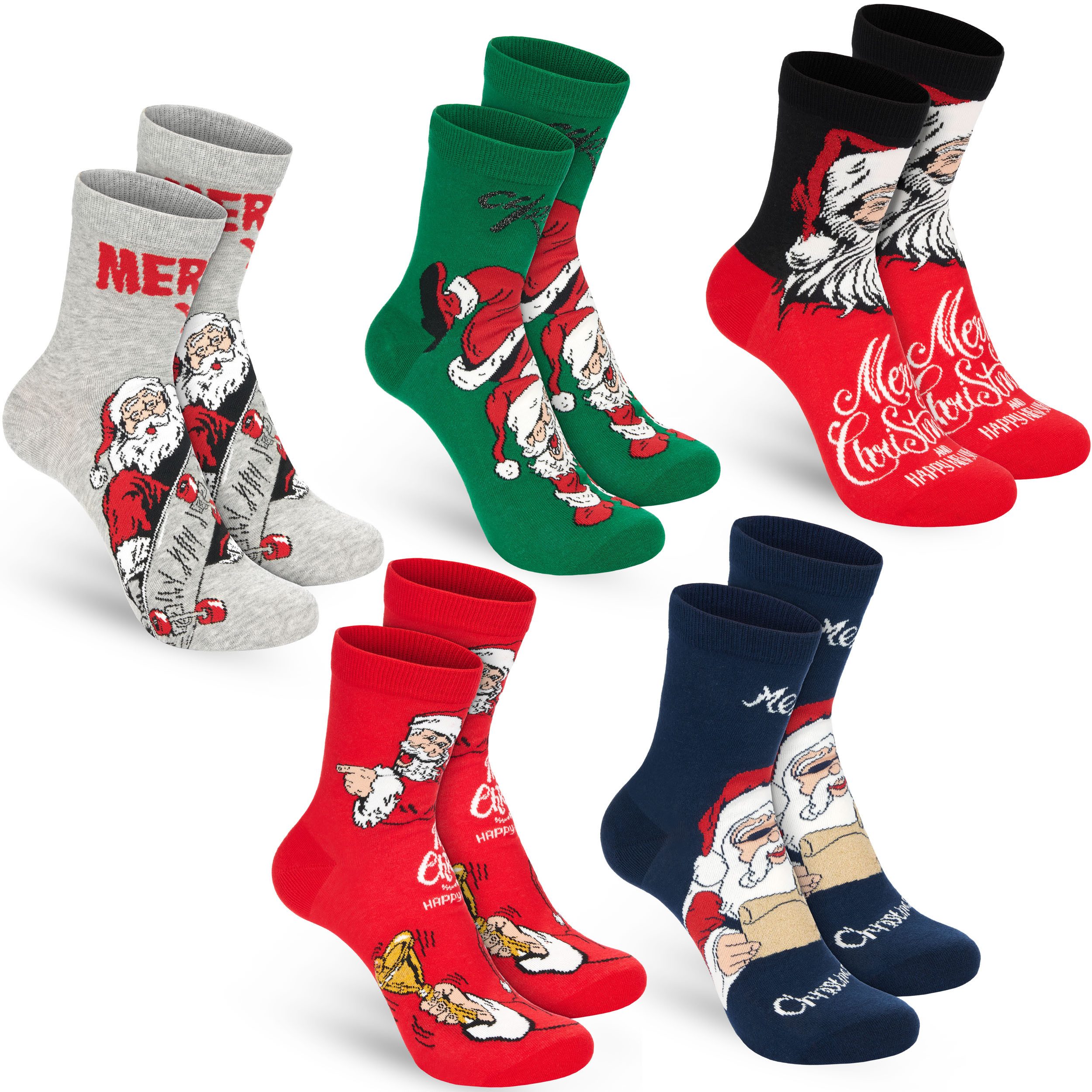 BRUBAKER Socken Herren Weihnachtssocken - Weihnachtsmann Skateboarder & Breakdancer (Geschenkset mit spaßigen Santa Sockenmotiven, 5-Paar, Bunte Baumwollsocken für Männer) Humorvolle Herrensocken für Weihnachten & Nikolaus