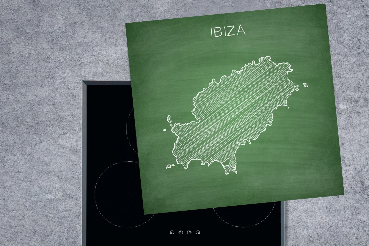 MuchoWow Herdblende-/Abdeckplatte küche (1 auf einer Vinyl, Karte Kreidetafel, 78x78 Ibiza für tlg), von cm, einer Arbeitsplatte Illustration Ceranfeldabdeckung