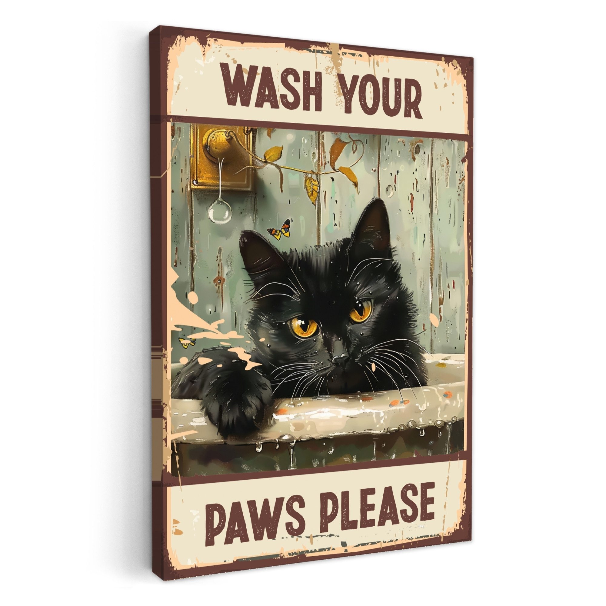 OneMillionCanvasses® Leinwandbild Vintage - Katze - Zitat - Wash your paws günstig online kaufen