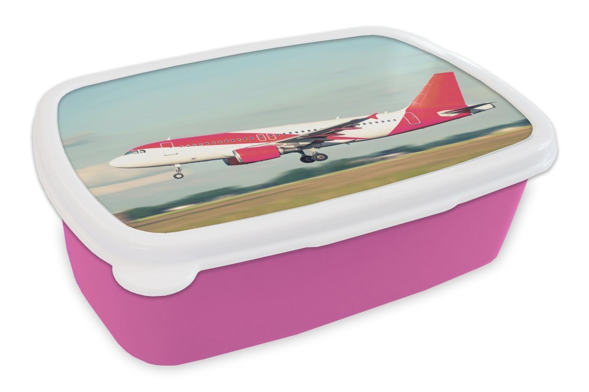 MuchoWow Lunchbox Rotes Snackbox, Erwachsene, Brotdose weißes Schiphol, für (2-tlg), Flugzeug rosa Kinder, Brotbox und Kunststoff, Mädchen, Kunststoff in