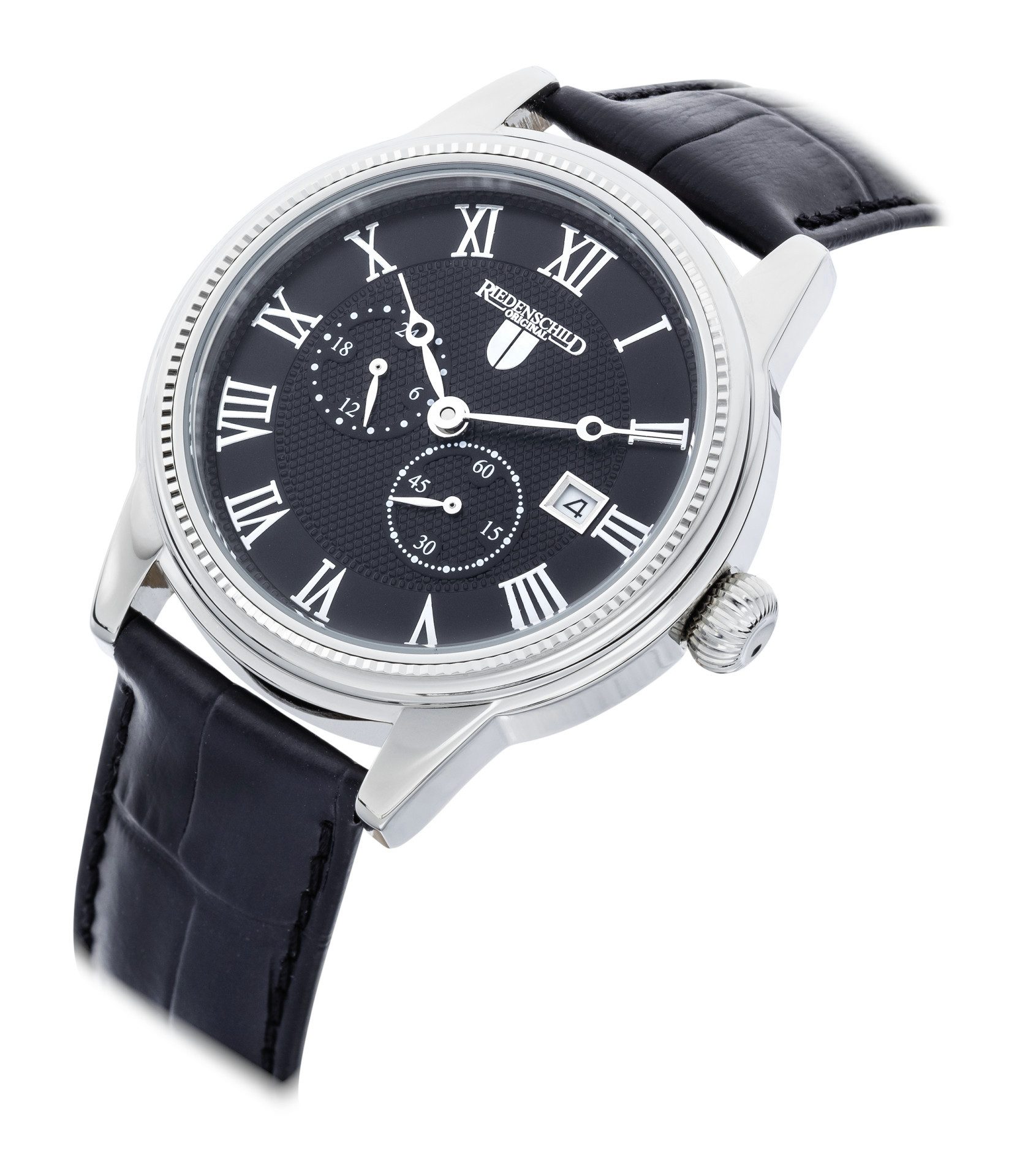 Riedenschild Automatikuhr RS7609-01, 42 mm – Herrenuhr mit schwarzem Lederband, Edelstahlgehäuse – Klassisches Design mit Sichtboden