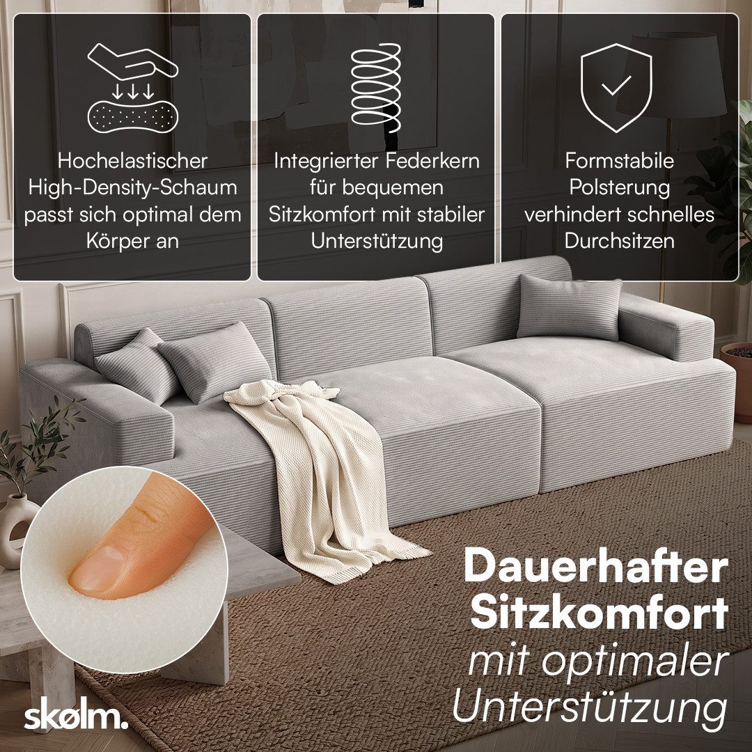 skølm Sofa Freki aus Cord, Vollschaumcouch mit Federkern und Vakuum-Kompression, Grau, Couch 3 Sitzer mit 3 Kissen, kein Aufbau erforderlich, 319 cm breit, gepolstert, vakuumiert