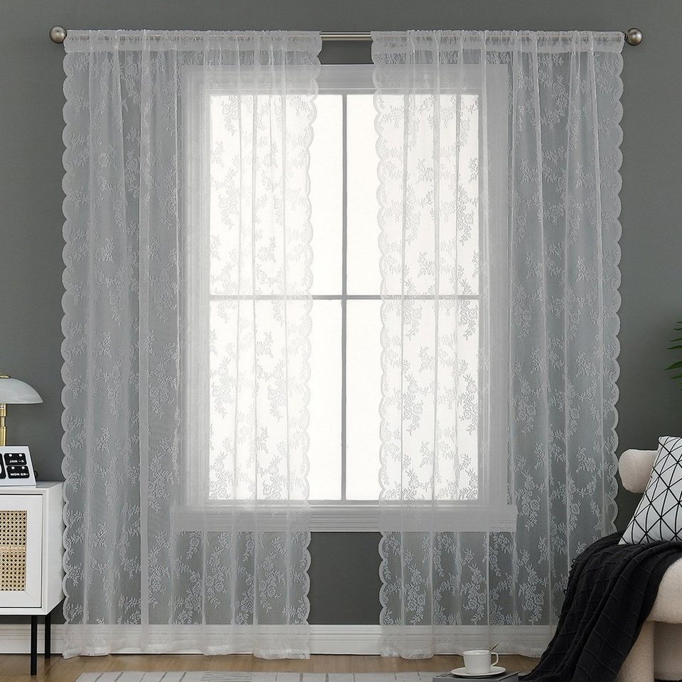 Vorhang Blumen Spitzen Vorhänge, bestickte Spitzen-Fenstervorhang, Gaze,  Greensky, Stangendurchzug (2 St), halbtransparent, Polyester, gestrickter  Jacquard-Vorhang für Schlafzimmer, Wohnzimmer