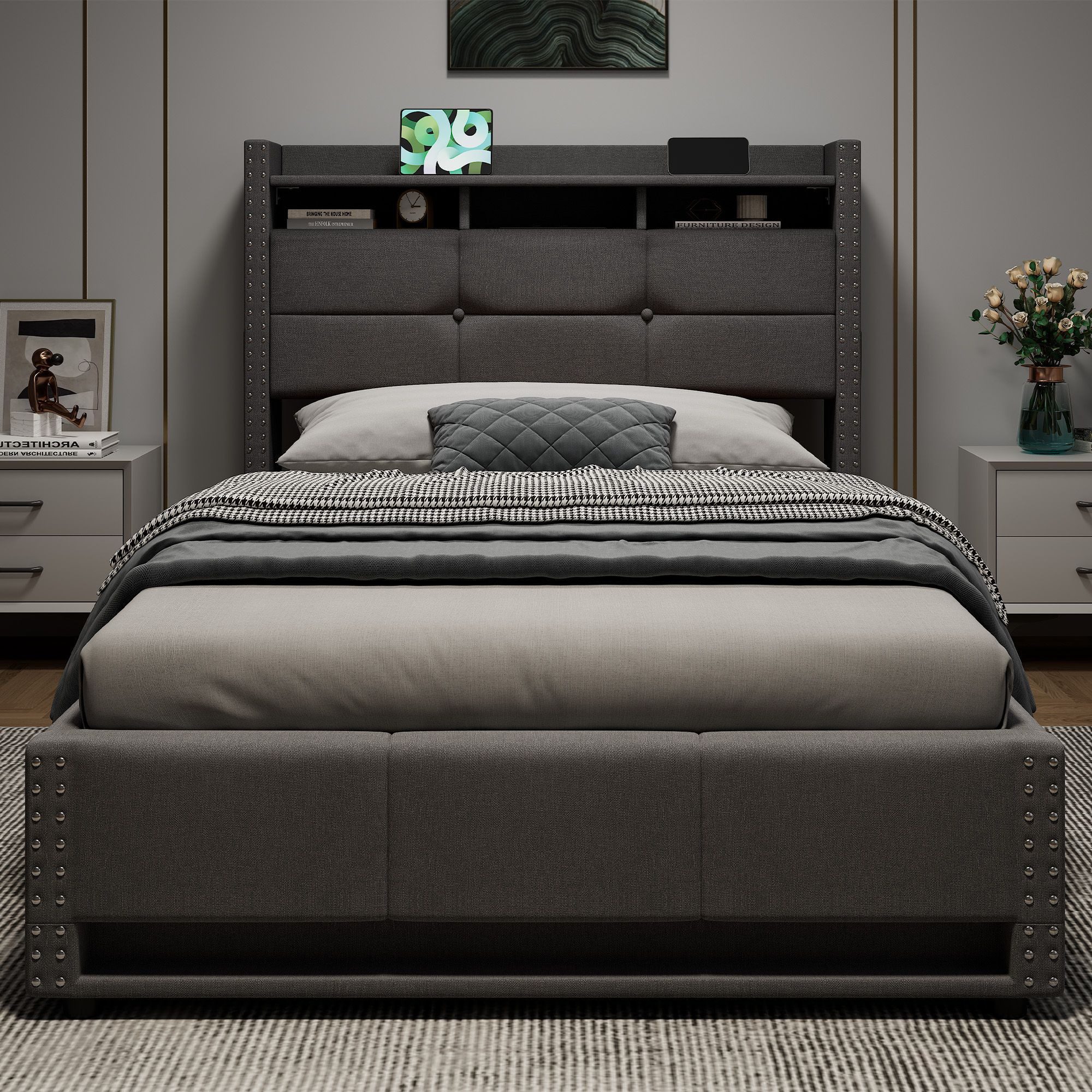 HAUSS SPOLE Polsterbett 90×200 Jugendbett mit Bettkasten,Einzelbett Leinen & Matratze,Grau (Funktionsbett Stauraumbett mit Leinenbezug und gepolstertem Kopfteil, mit einer 25 cm hohen Matratze), Jugendbett mit Polsterrahmen für Schlafzimmer