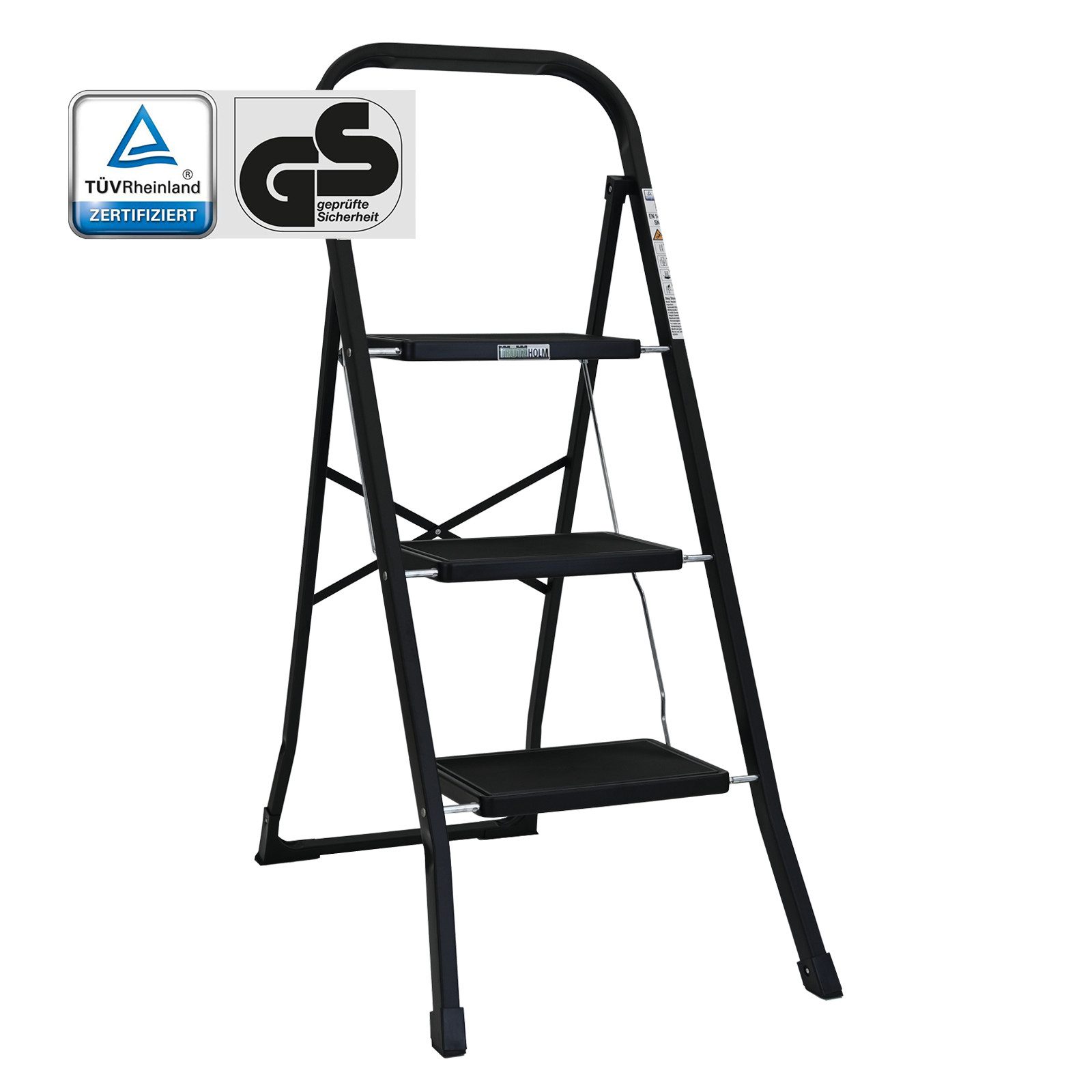 Klapptritt Trittleiter 3-stufig klappbar TÜV/GS 150 kg Anti-Rutsch in schwarz