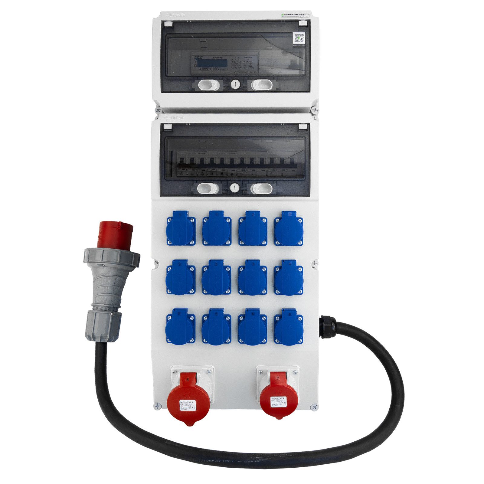 Doktorvolt Stromverteiler Baustromverteiler 32A 16A 12x230V Energiezähler Mennekes Steckdosen