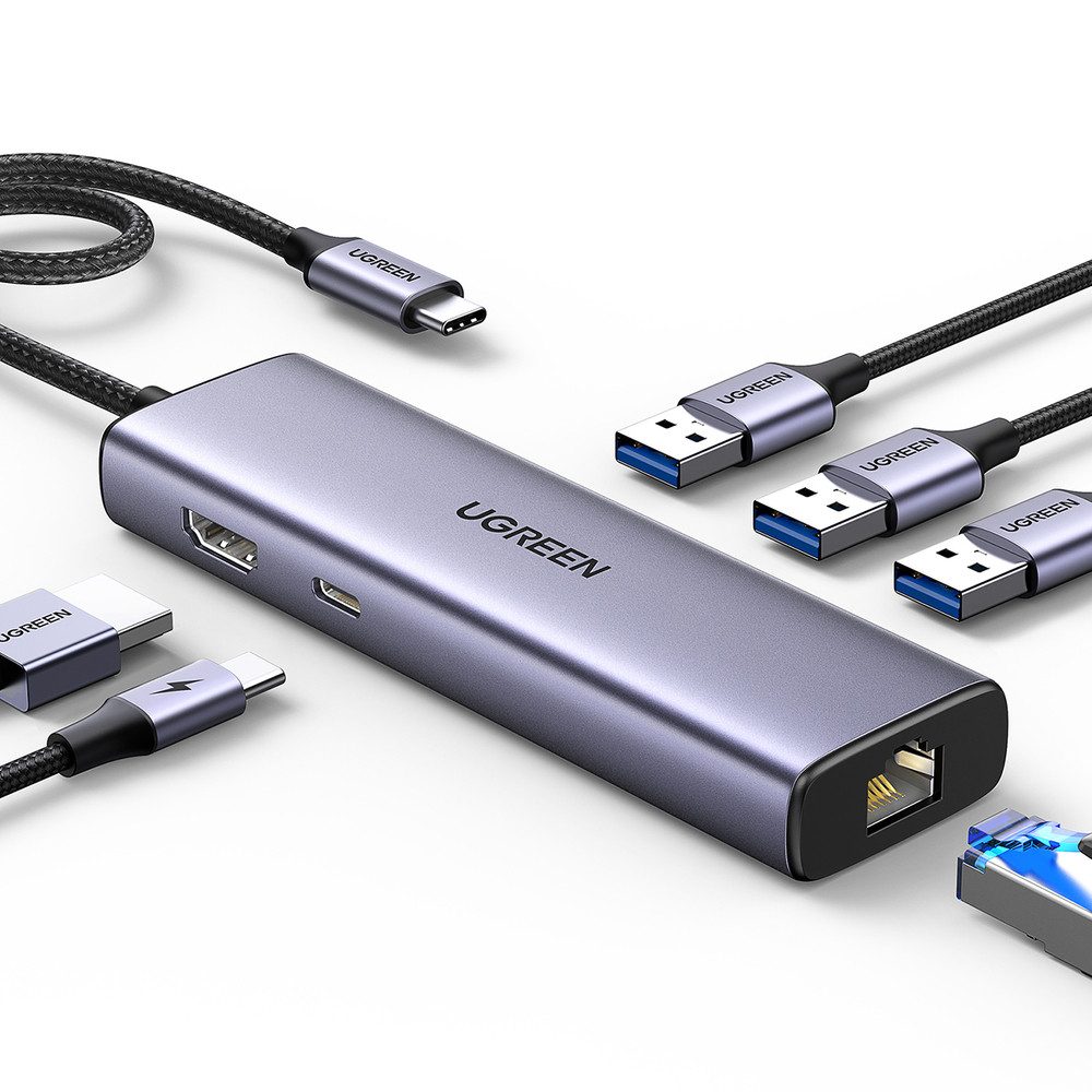 UGREEN Multiport-Adapter Dockingstation Anschlusserweiterung HUB (6-in-1, 3x USB-A 3.0, HDMI 4K, RJ45 1000 Mbit/s, USB-C PD 100W)