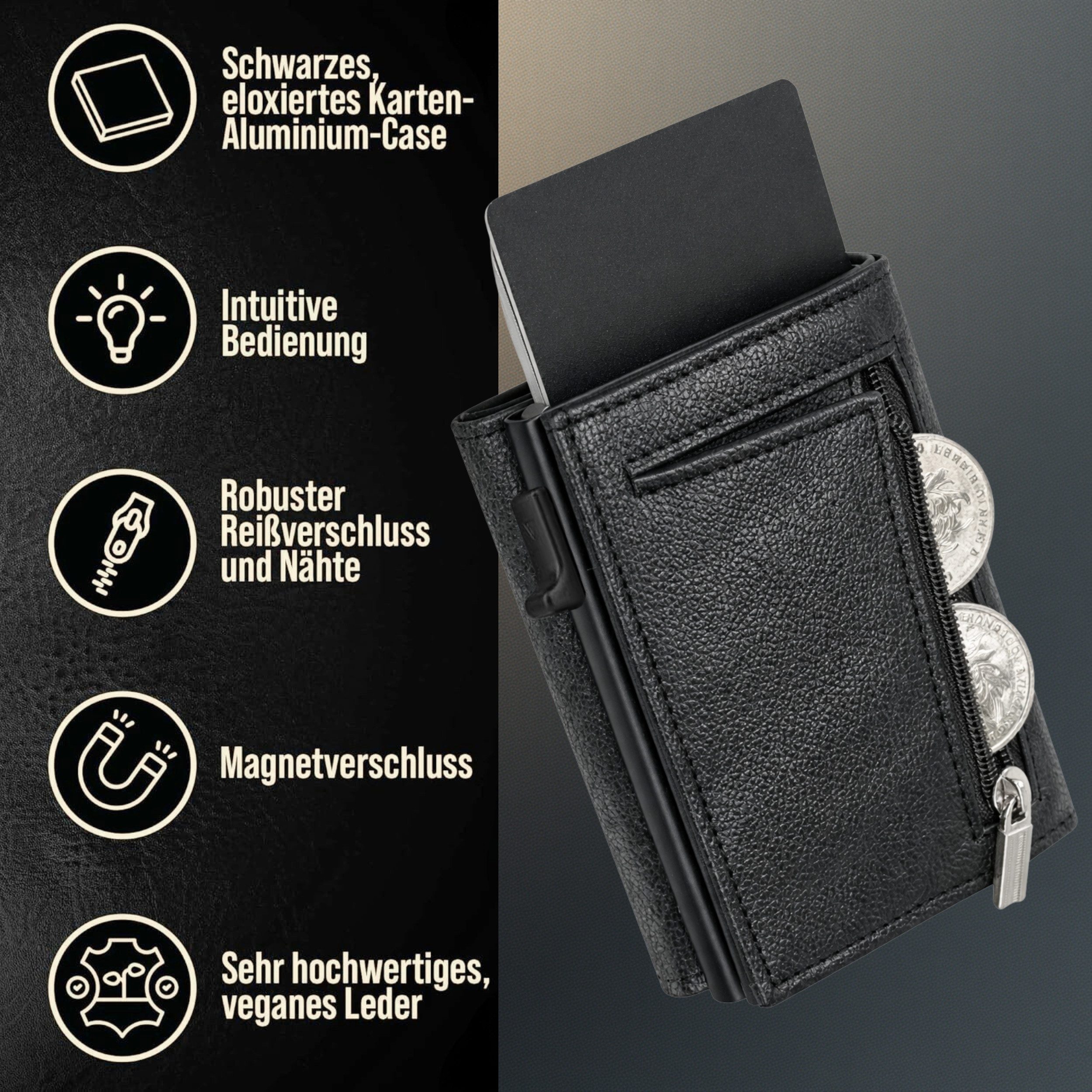 S&T Design Brieftasche S&T Design RFID Blocker Cardholder Slim Wallet Herren veganem Leder (S&T Design portemonnaie, 1-tlg., Mit Geschenk verpackung), 11 Kartenfächer Münzfach Bargeld mit Reisverschluss Magnetisch Klein
