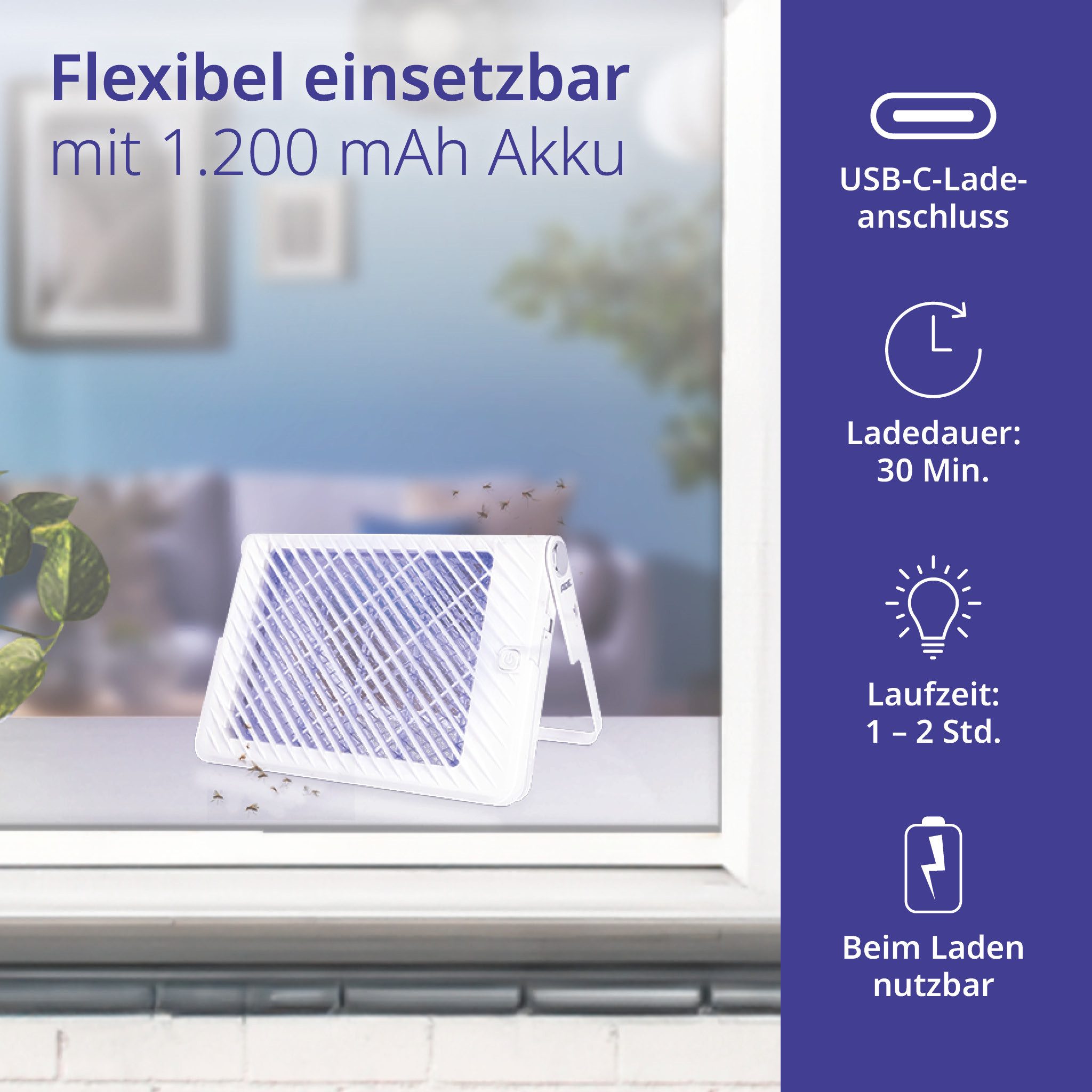 ADE Insektenvernichter akkubetrieben (24 Std. Laufzeit), mit UV-Licht, 3.000 Volt, gegen Schnaken, Gelsen, Moskitos, Stechmücken – Bild 5 von 5