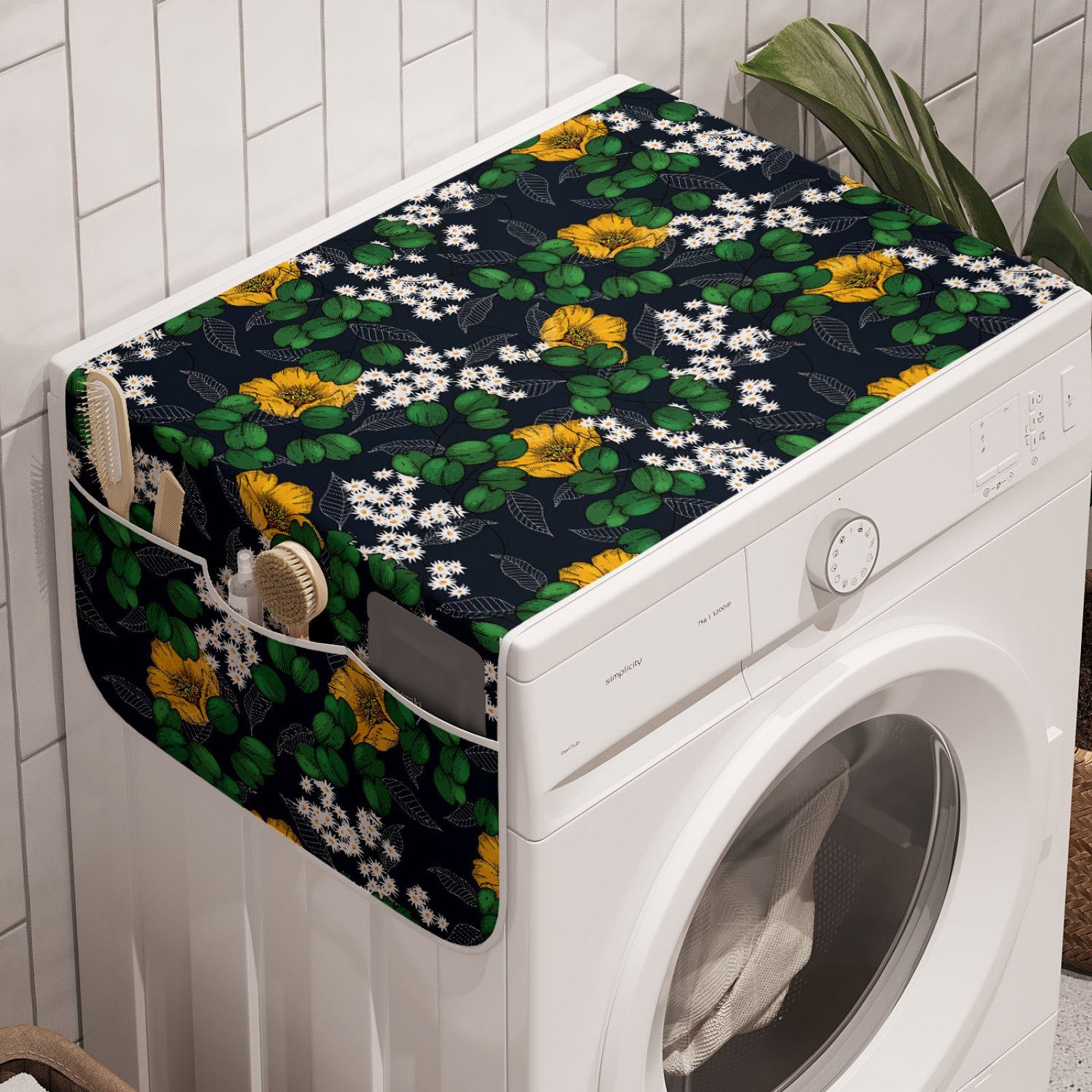 Abakuhaus Badorganizer Anti-Rutsch-Stoffabdeckung für Waschmaschine und Trockner, Blumen Blätter Gänseblümchen und Mohnblumen