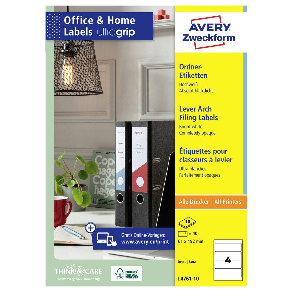 Avery Zweckform Etikett Avery-Zweckform Ordner-Etiketten L4761-10 61 x 192 mm Papier Weiß Perm