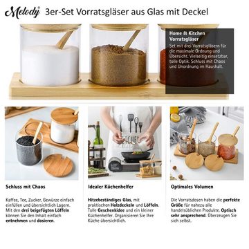 Melody Vorratsglas Vorratsgläser aus Glas mit Deckel, Glas, (3er-Set, 3x Glas, 3x Holzlöffel, 3x Deckel, 1x Basisplatte), mit Holzdeckel und Löffel