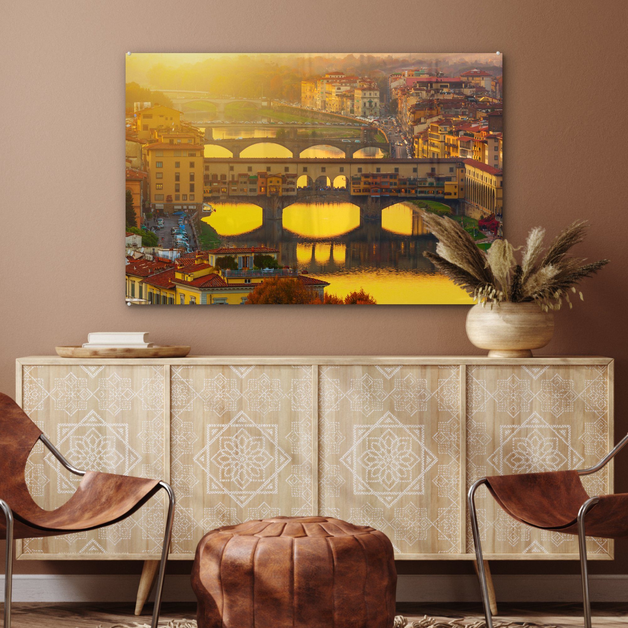der durch & Acrylglasbilder die Wohnzimmer St), (1 Beleuchtung Schlafzimmer Italien, Acrylglasbild MuchoWow Vecchio tiefstehende Sonne Ponte in