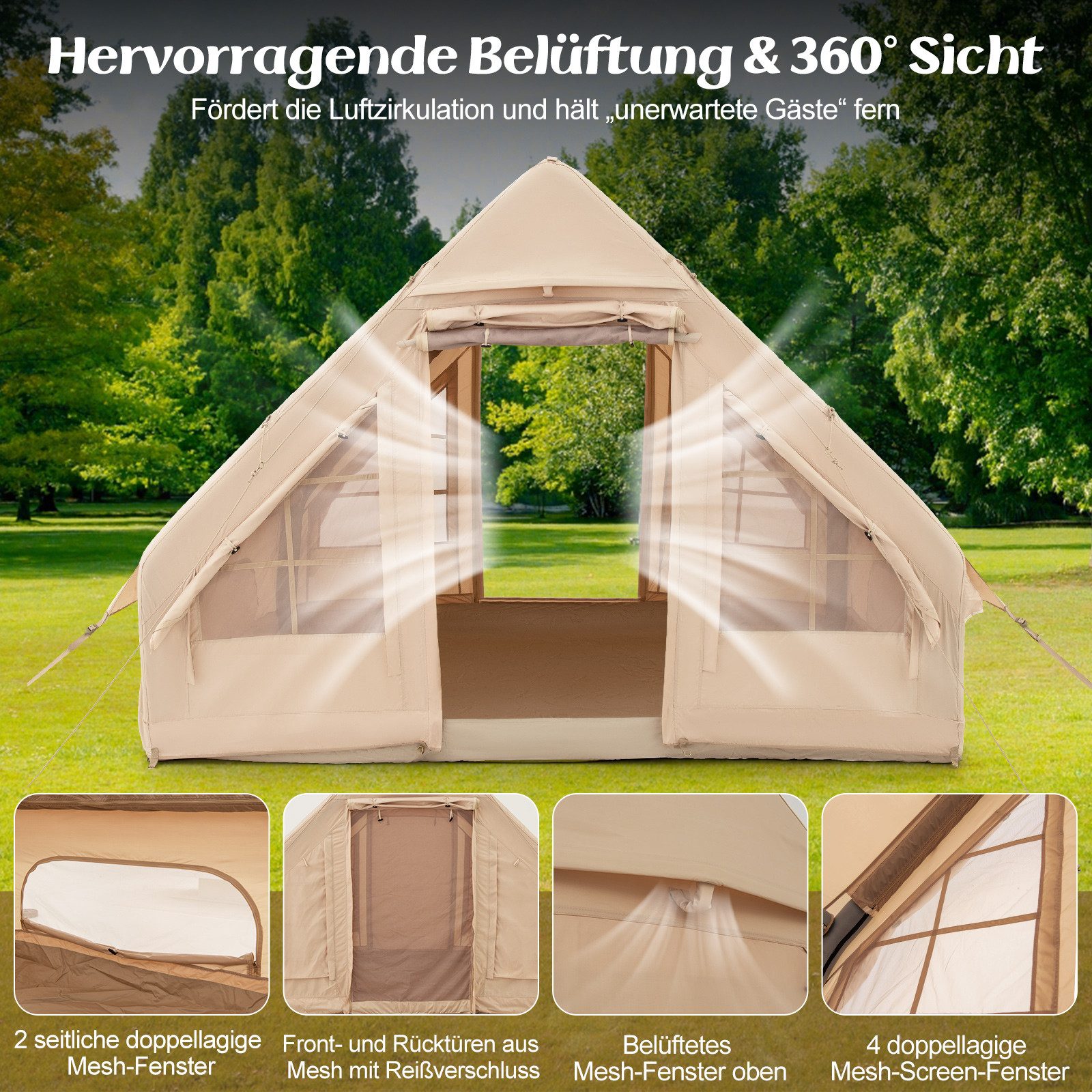 KADVA AIRcamp 4.4 Personen Zelt - Aufblasbar Mit Pumpe 440x180x140cm