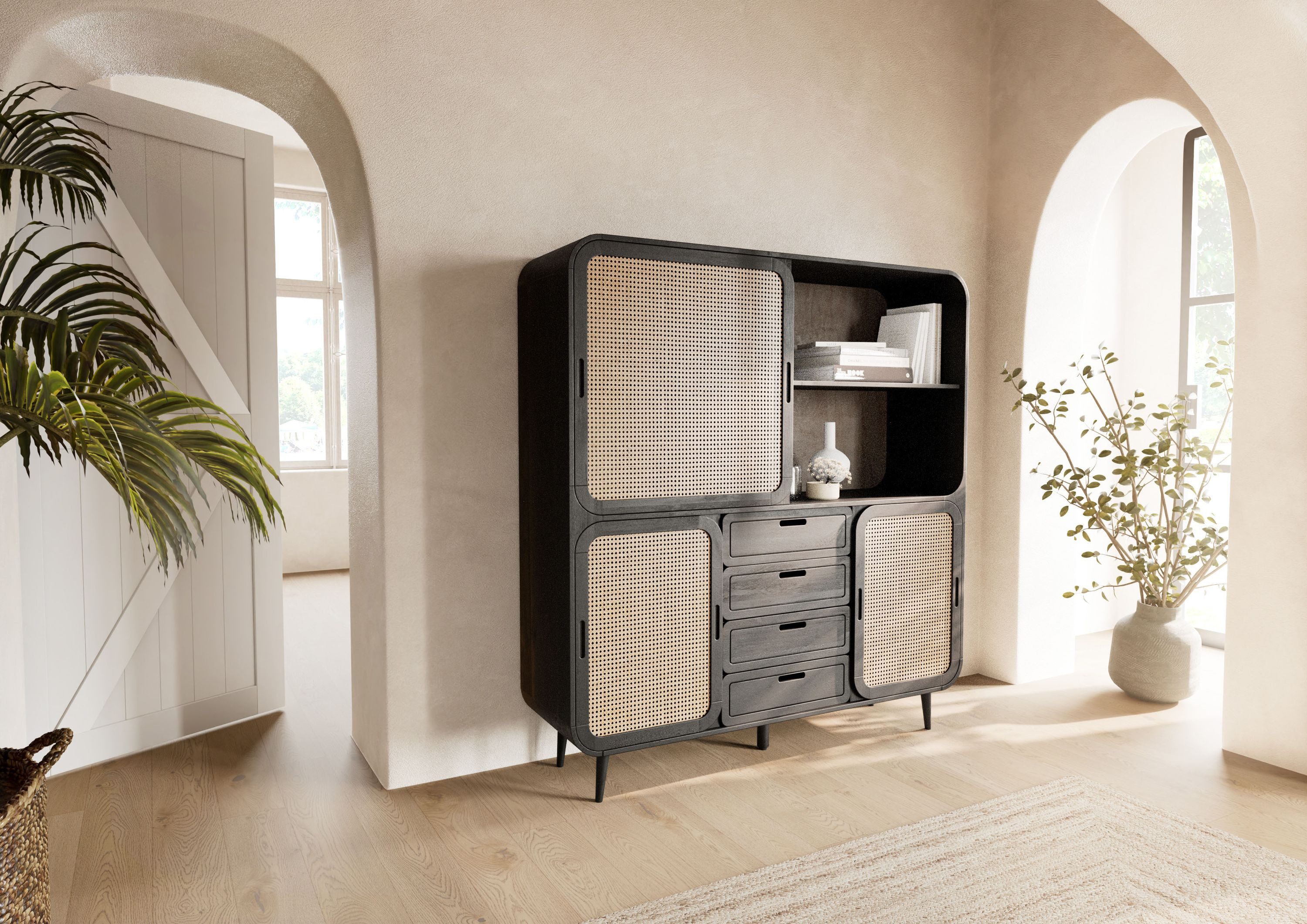 Massivmoebel24 Highboard VALENCIA (Massivholz), Mango 150x40x160 dunkelgrau lackiert VALENCIA #211