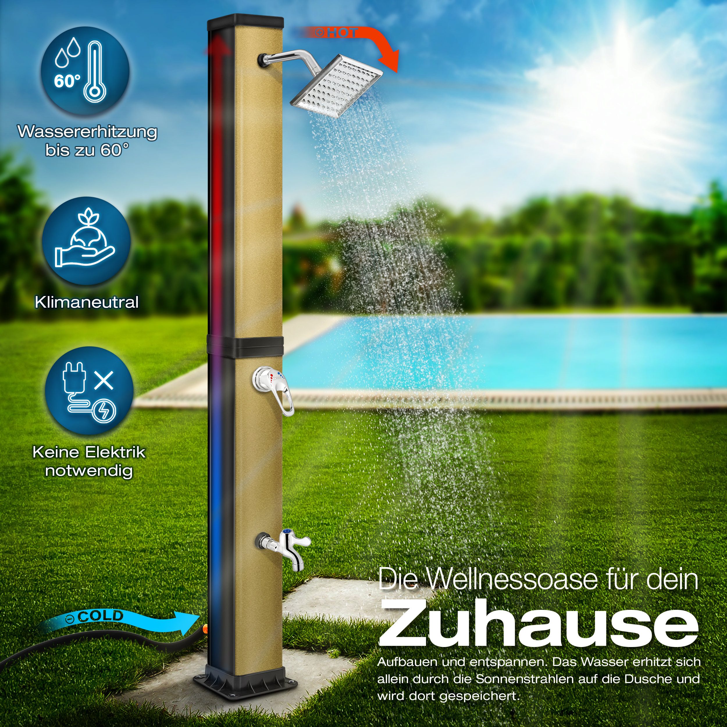 tillvex Solardusche 40 Liter inkl. Schutzhaube Solar Garten-dusche (mit Wasserhahn und Regenduschkopf Gartenschlauch-Anschluss), warmes Wasser Pooldusche Camping, ohne Stromanschluss