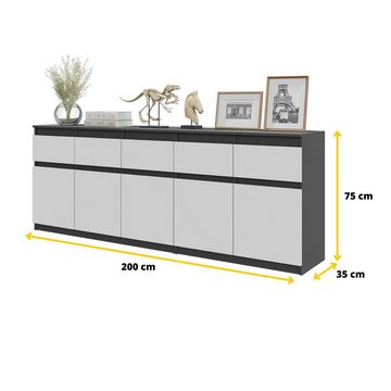 Furnica Kommode NOAH, 5 Schubladen und 5 Türen - Anthrazit Grau H75cm B200cm T35cm