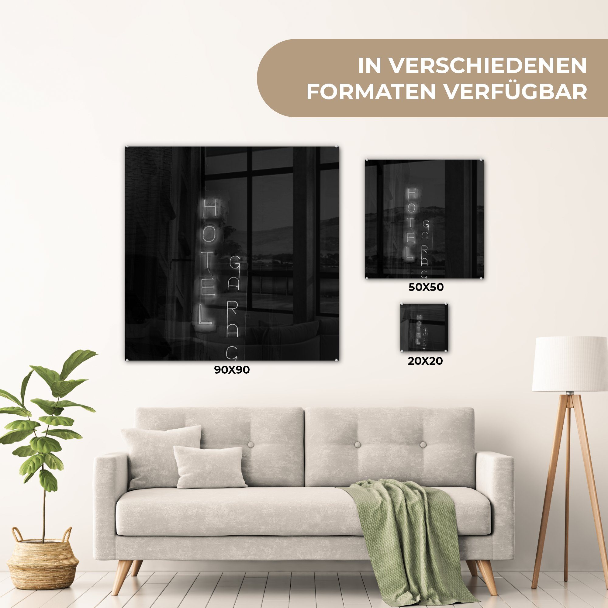 Bilder Glas MuchoWow (1 - Wanddekoration Acrylglasbild eines im - Glas Neonlichter auf St), Wandbild Glasbilder - noir, Film Hotels auf Foto