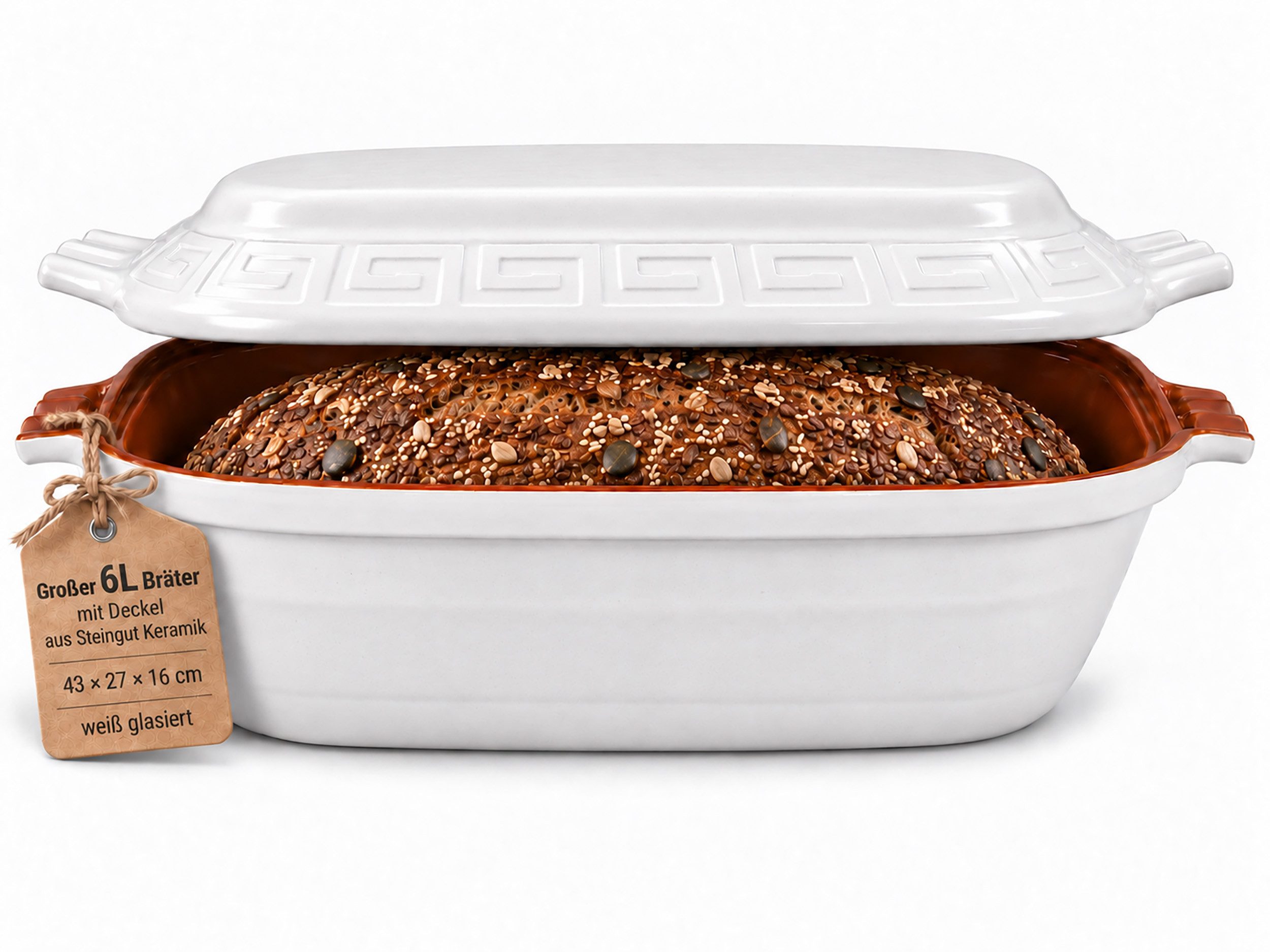 KERAZO Brotbackform großer 6L Keramik Bräter + Deckel Brottopf Auflaufform 43x27x16cm weiß, Viel Platz für große Brote, saftige Braten & Familienportionen