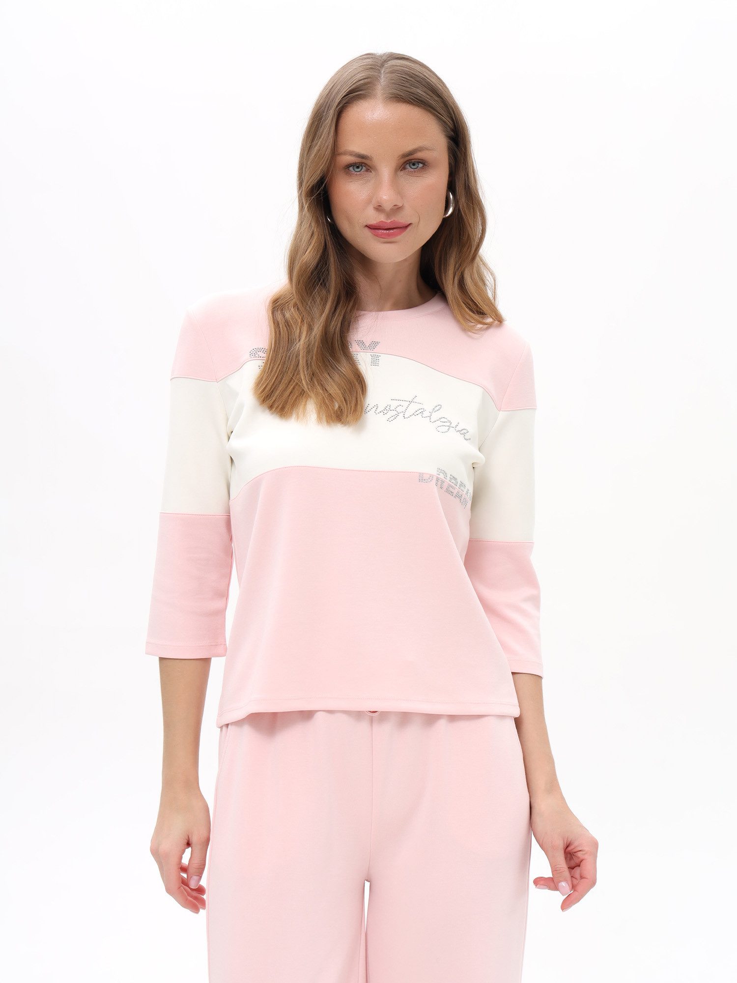 Passioni 3/4 Arm-Pullover Strickpullover mit Strassapplikationen Rosa- Ecru Strickshirt mit Schriftzug aus Glitzersteinen