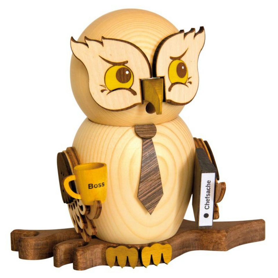 Kuhnert Weihnachtsfigur Kuhnert Räucherfigur Eule Chef (1 St), Erzgebirge Holzkunst, Handarbeit