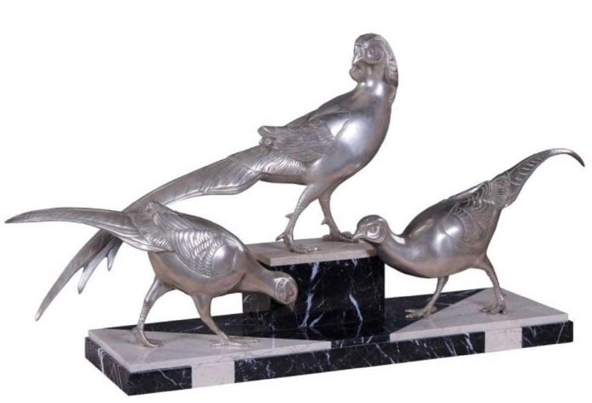 Casa Padrino Dekofigur Luxus Deko Bronzefiguren 3 Fasane Silber / Schwarz / Weiß 84 x 20 x H. 42 cm - Versilberte Dekofiguren mit Marmorsockel