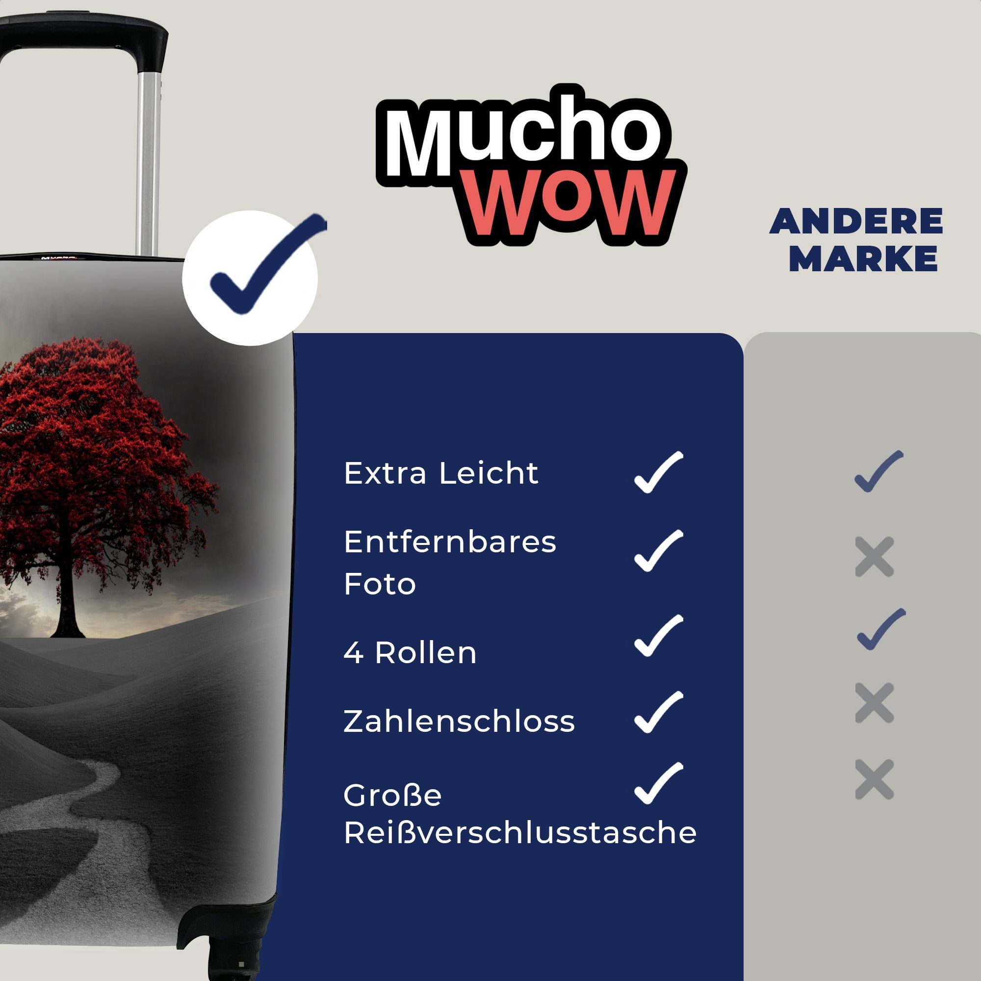MuchoWow Reisekoffer Ein rollen, für mit Ferien, 4 Handgepäck Handgepäckkoffer Trolley, einem Schwarz-Weiß-Foto mit großen roten Rollen, Baum, Reisetasche