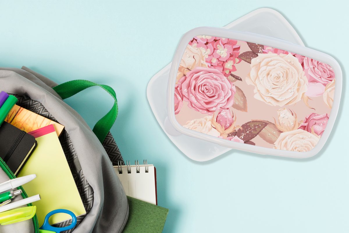 Brotbox und (2-tlg), Brotdose, Kinder für Rosa für Mädchen und Collage, Weiß - MuchoWow Jungs - Erwachsene, - Kunststoff, Rosen Lunchbox