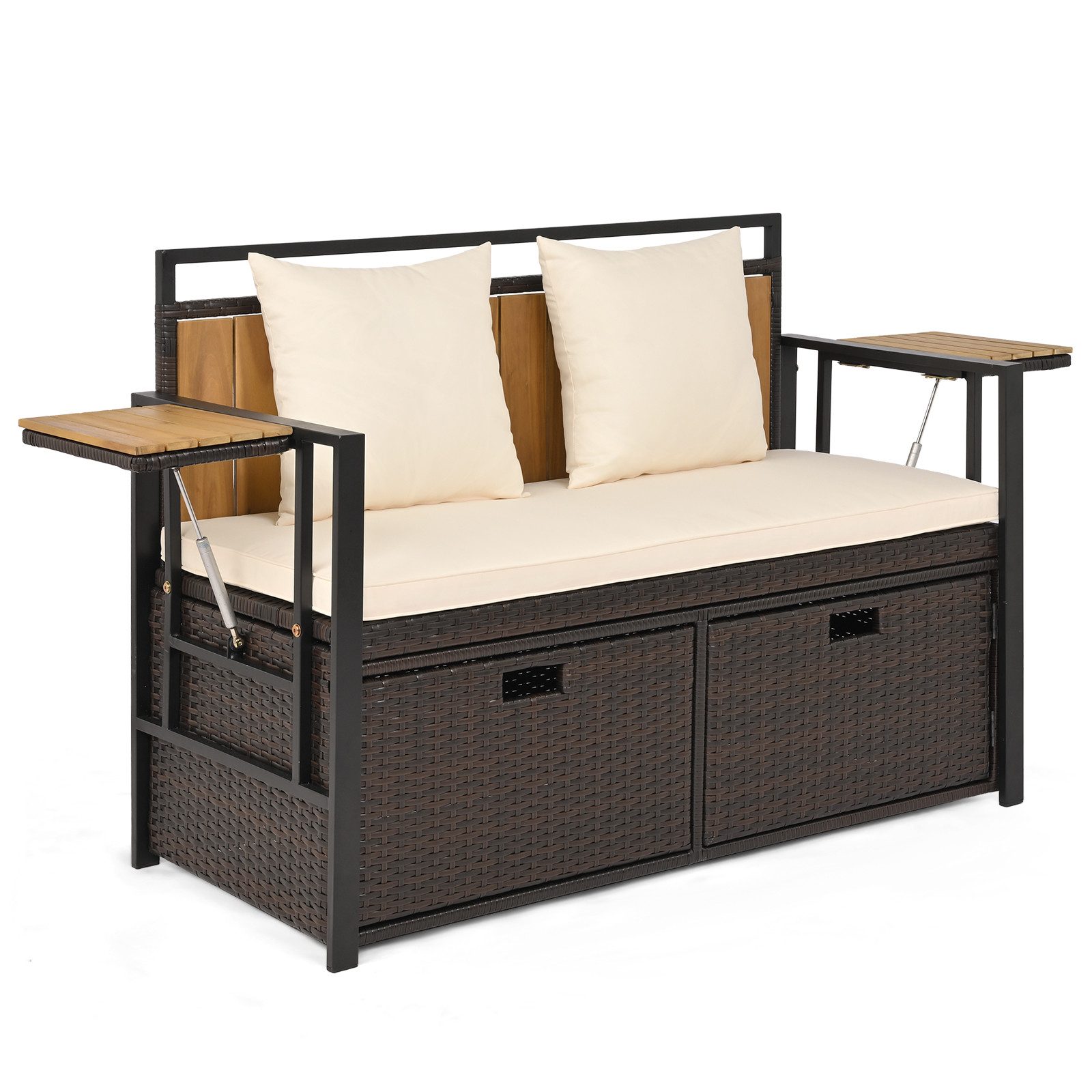 COSTWAY Gartenbank, Polyrattan mit Stauraum, klappbaren Seitenablagen & Kissen 120cm