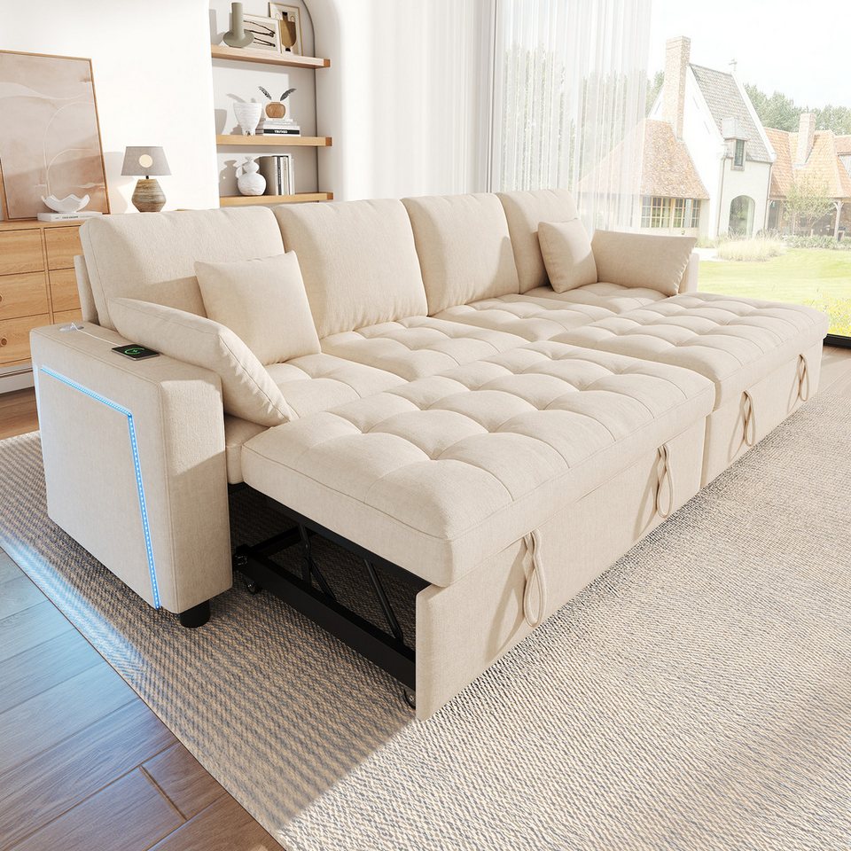 Merax Schlafsofa mit Schlaffunktion,L-förmiges Sofa mit 3-fach verstellbare Rückenlehne, Chenille, 4 Kissen, 262,5x140x89cm 1 Teile, 4-Sitzer-Sofa mit LED USB Type-C,Ecksofa mit ausziehbaren Schlafplätze