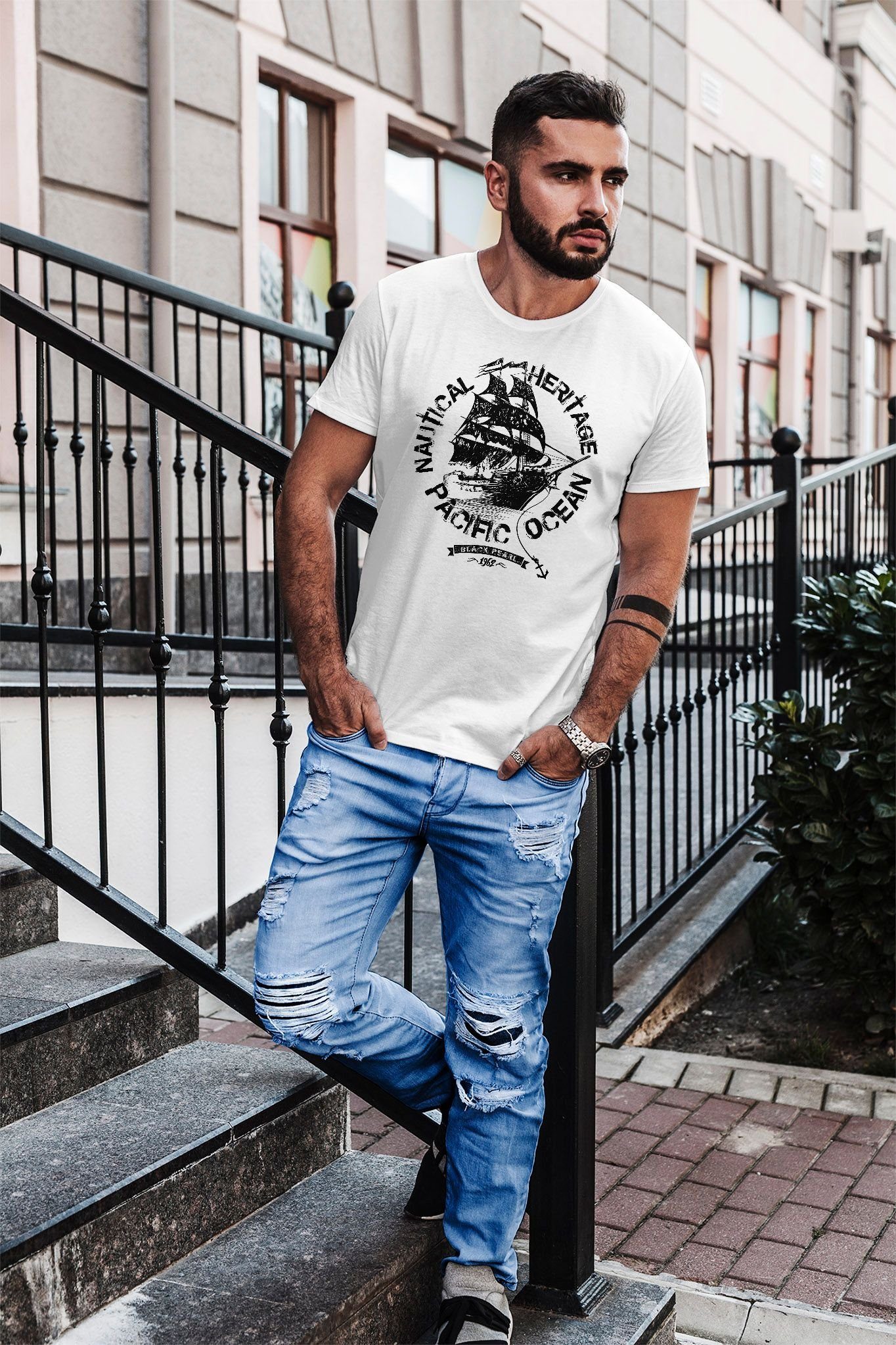 Neverless Print-Shirt Fit T-Shirt Slim mit Herren Piratenschiff Print weiß Segelschiff Neverless®