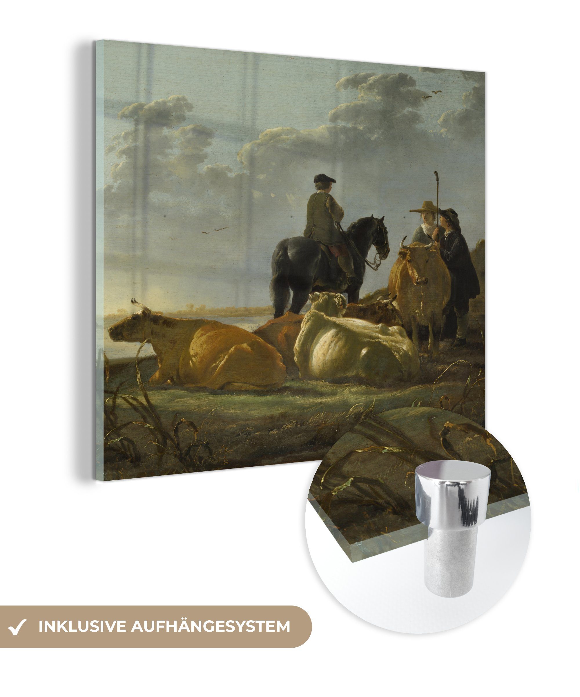 MuchoWow Acrylglasbild Landwirt mit vier Kühen an der Merwede - Aelbert Cuyp, (1 St), Glasbilder - Bilder auf Glas Wandbild - Foto auf Glas - Wanddekoration