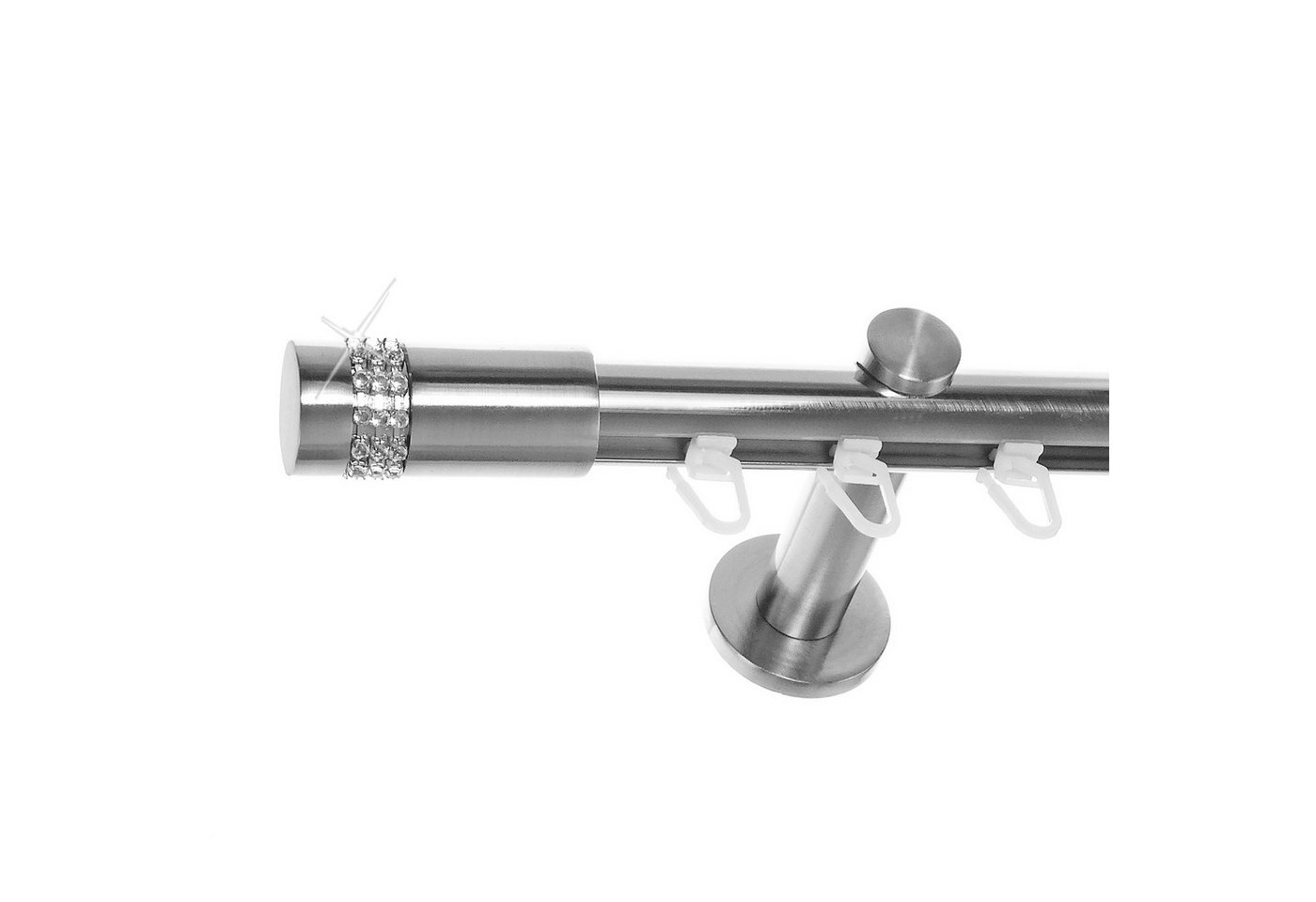 BASIT Gardinenstange Innenlauf Edelstahloptik 20mm mit Wandträgern 120 cm E38, Ø 20 mm, 1-läufig, verschraubt, Aluminium, H30 120 cm E38 Zylinder mit Kristall
