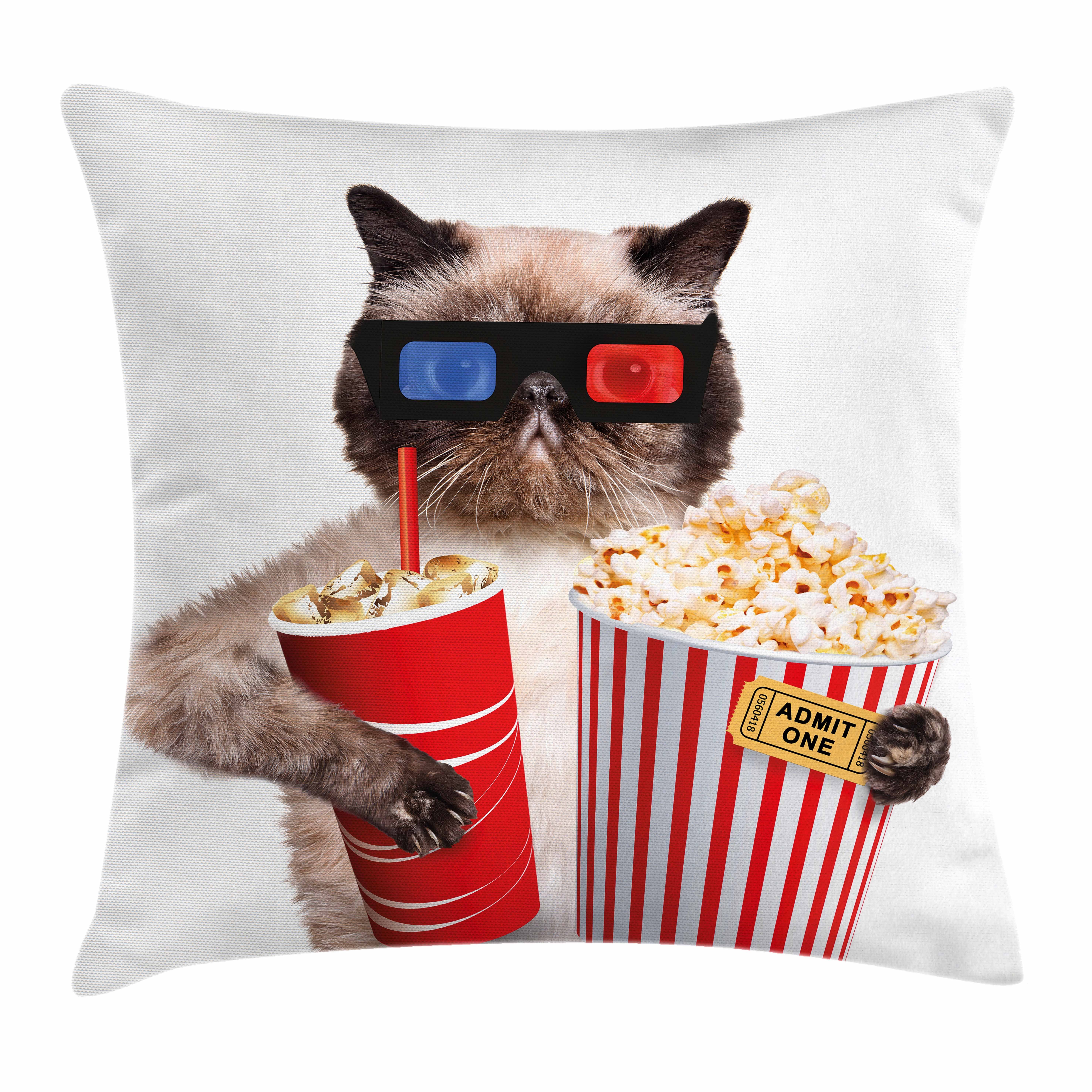 Kissenbezüge Waschbar mit Reißverschluss Kissenhülle (1 mit Druck, Stück), Kino Popcorn Cat Farbfesten Beidseitiger Klaren Abakuhaus Farben