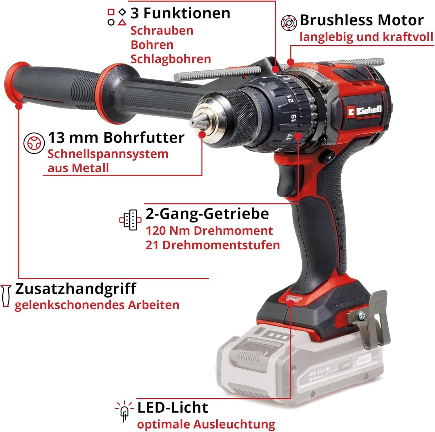 Einhell Akku-Bohrschrauber Einhell Professional Akku-Bohrschrauber TP-CD 18/120 Li BL - 18V Solo