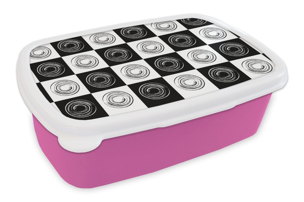 MuchoWow Lunchbox Kunststoff Schachbrett (2-tlg), Kunststoff, Weiß, für Snackbox, Schwarz - rosa Muster Kinder, - und Mädchen, Brotdose Erwachsene, Brotbox