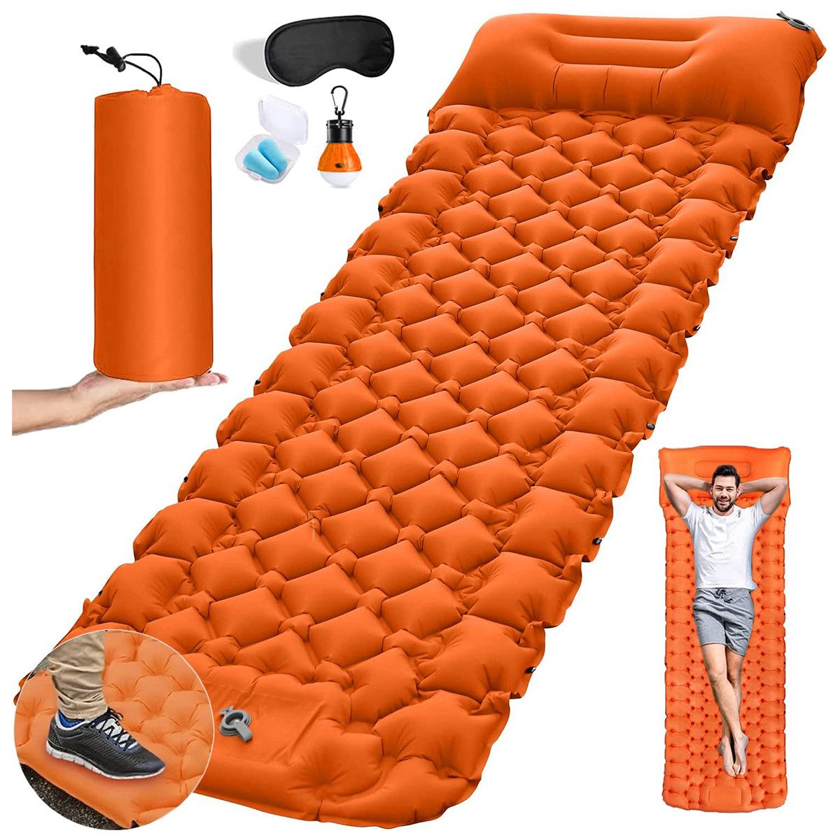 MOPUEA Isomatte Luftmatratze aufblasbare Schlafmatte für Camping Campingmatratze, (für Rucksacktourismus, Wandern, Reisen, Campingmatte Campingbett, Einzelbett mit Campinglampe + Augenmaske + Ohrstöpsel), mit integrierter Fußpumpe