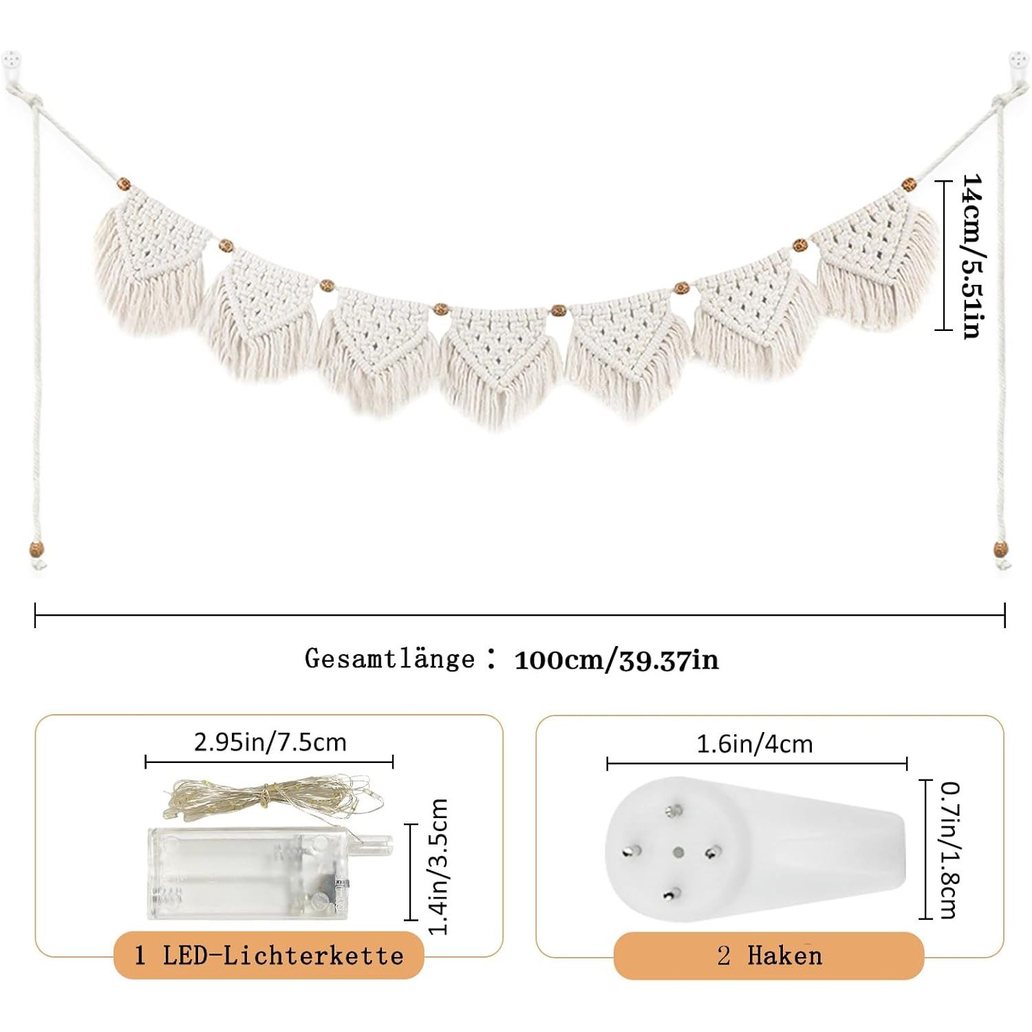 TUWENA Wandteppich Boho Deko Makramee Wandbehang, Tapisserie Fransen Mit LED Lichterkette, Für Wohnzimmer/Schlafzimmer/Balkon