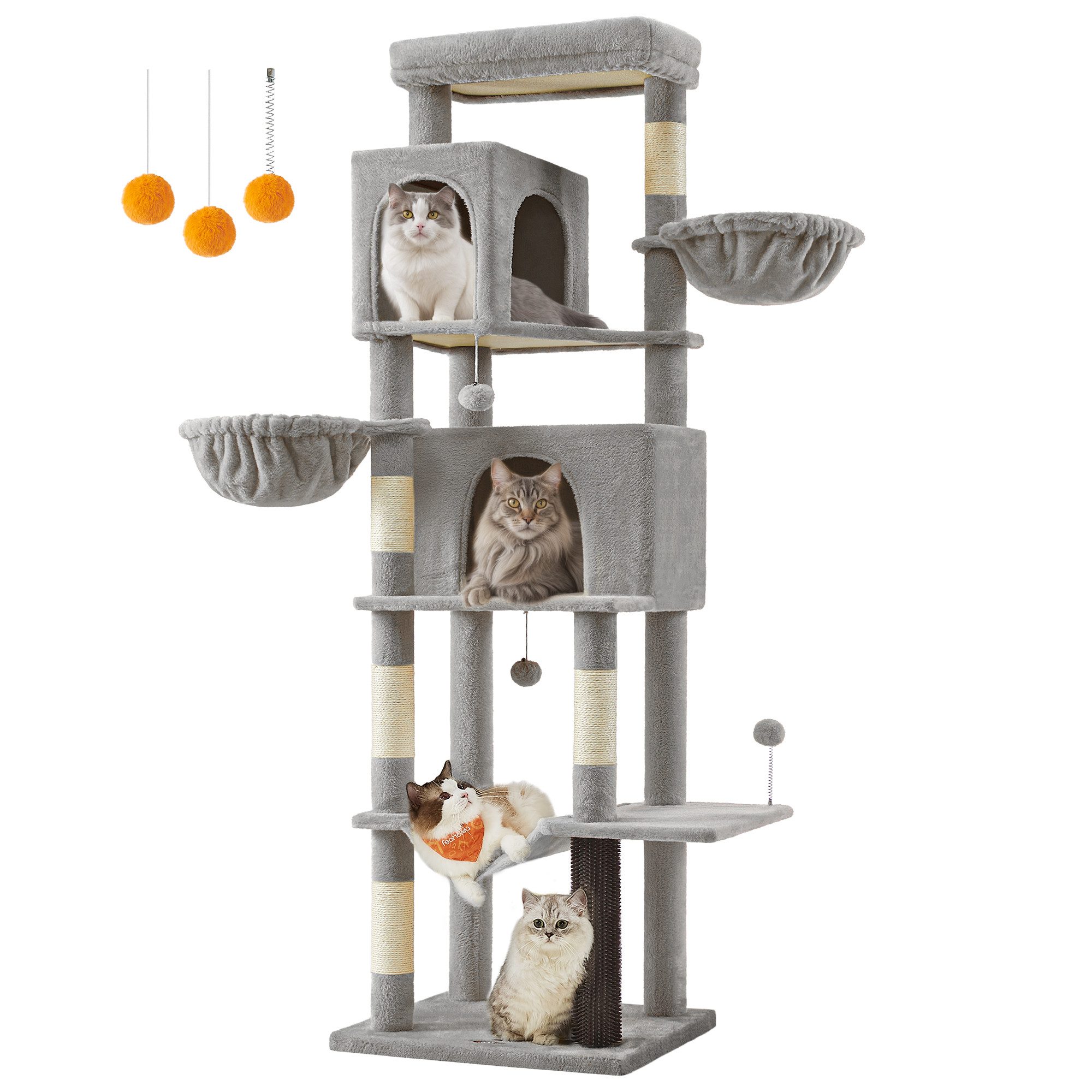 FEANDREA Kratzbaum mehrstöckiger Katzenbaum mit 2 Höhlen, 2 Liegemulden, 5 Kratzsäulen, groß, 190 cm hoch, XXL, Katzenbürste, große Plattform