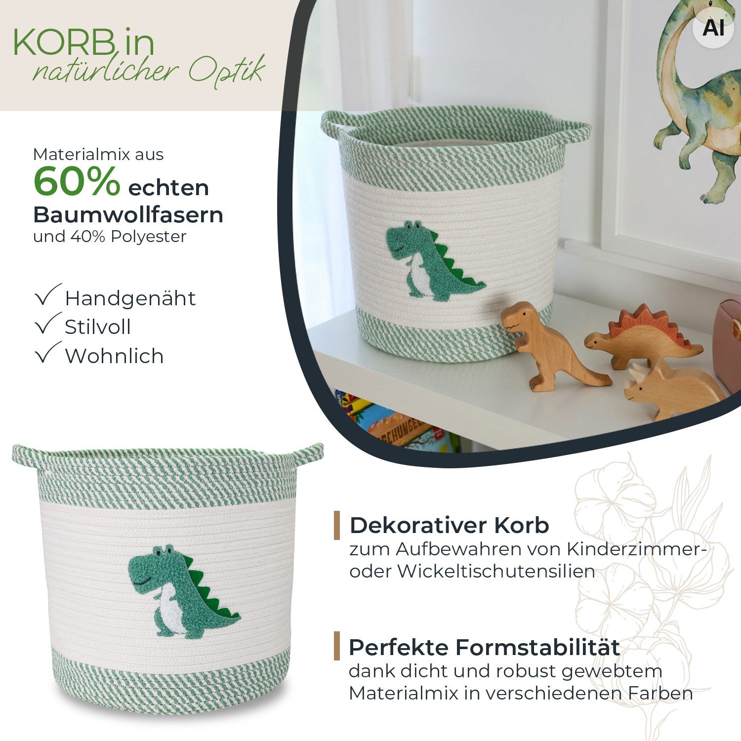 HMF Aufbewahrungskorb Aufbewahrungskorb mit verlängerten Griffen, runder Korb, Baumwolle für Kinderzimmer oder Babyzimmer,Dinosaurier, 30,5 x 30,5 cm – Bild 2 von 5