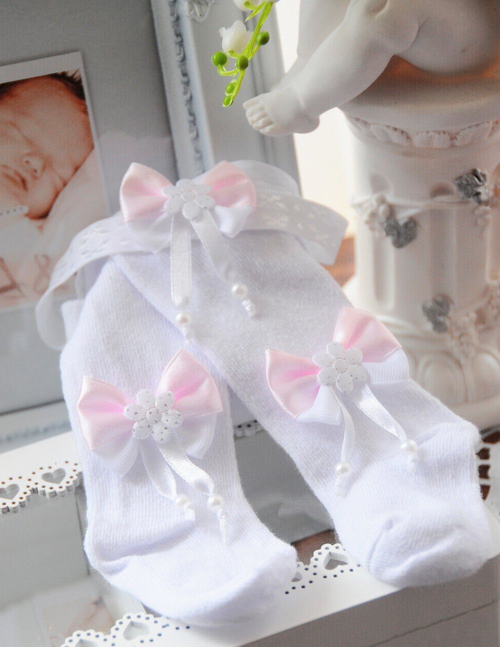 La Bortini Strumpfhose Strumpfhose und Stirnband Baby und Kinder Set 2Tlg in Weiß mit Schleifchen in Rosa, 44 50 56 62 68 74 80 86 92 98 104 110