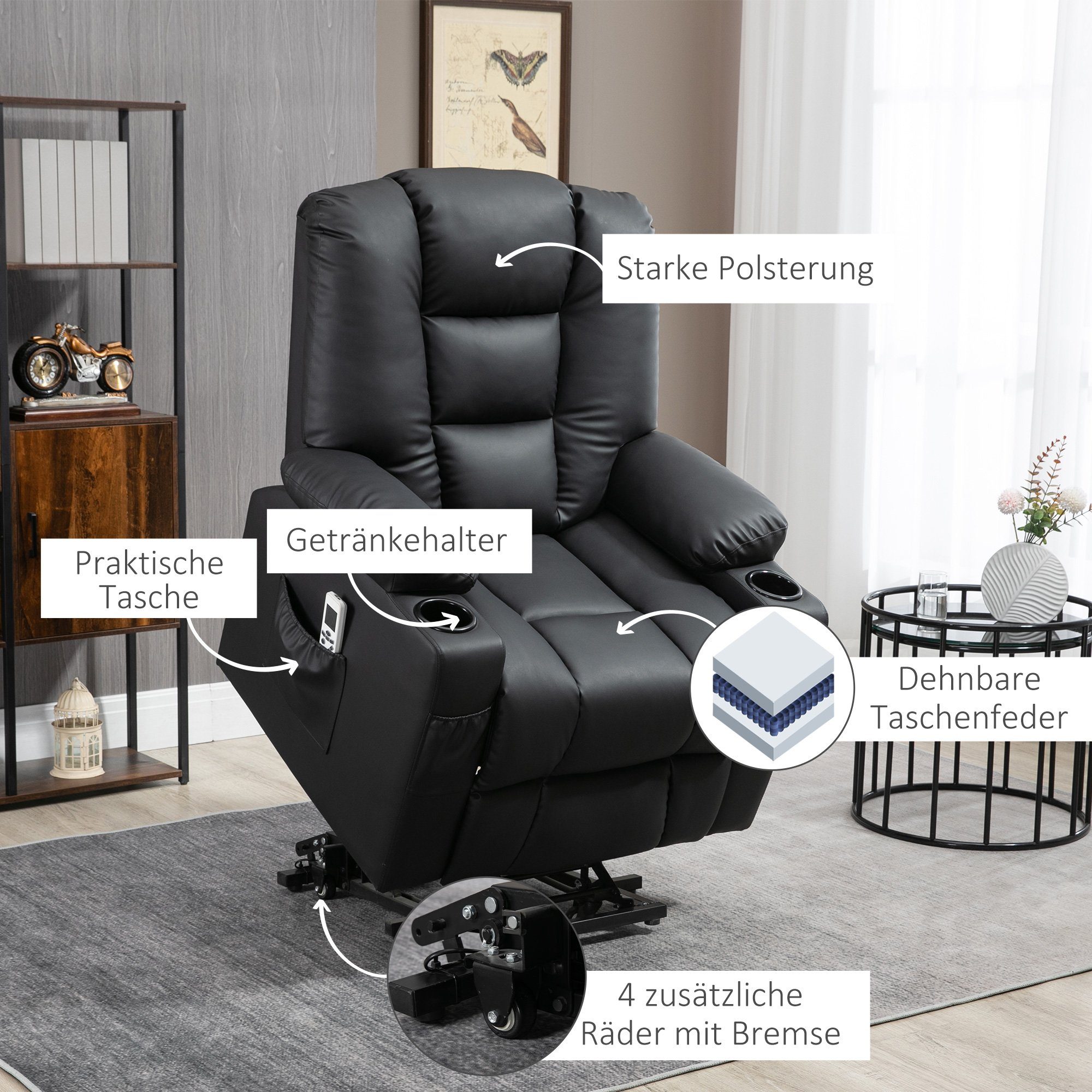 mit (Relaxsessel TV Fernsehsessel Fernbedienung Massagesessel mit USB-Anschluss Aufstehhilfe, 2-St., Liegefunktion, HOMCOM Rollen, Sessel), mit