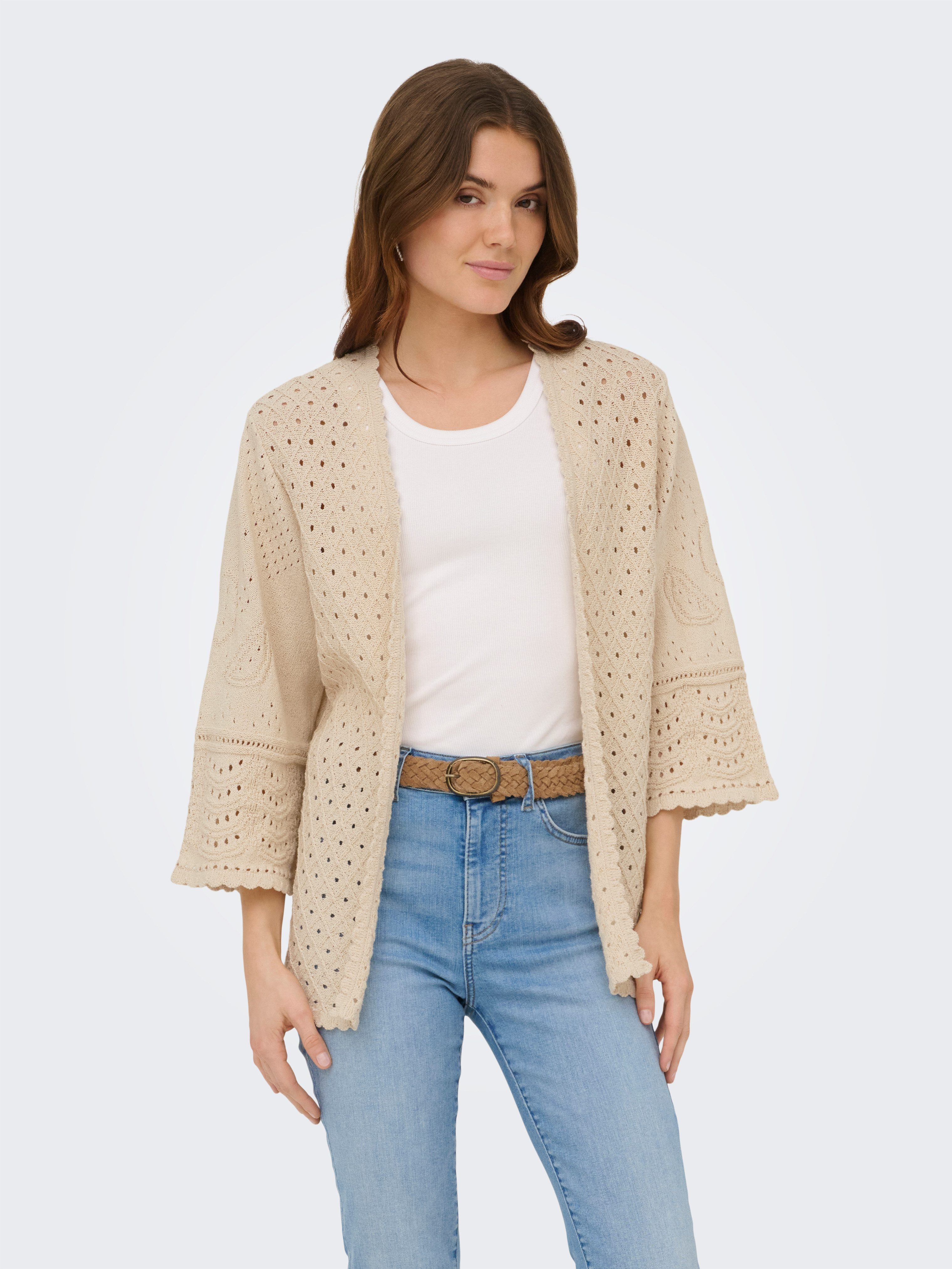 ONLY Strickjacke ONLLUZA 3/4 V-NECK LONG KIMONO KNT Baumwollmischung, regular fit, V-Ausschnitt