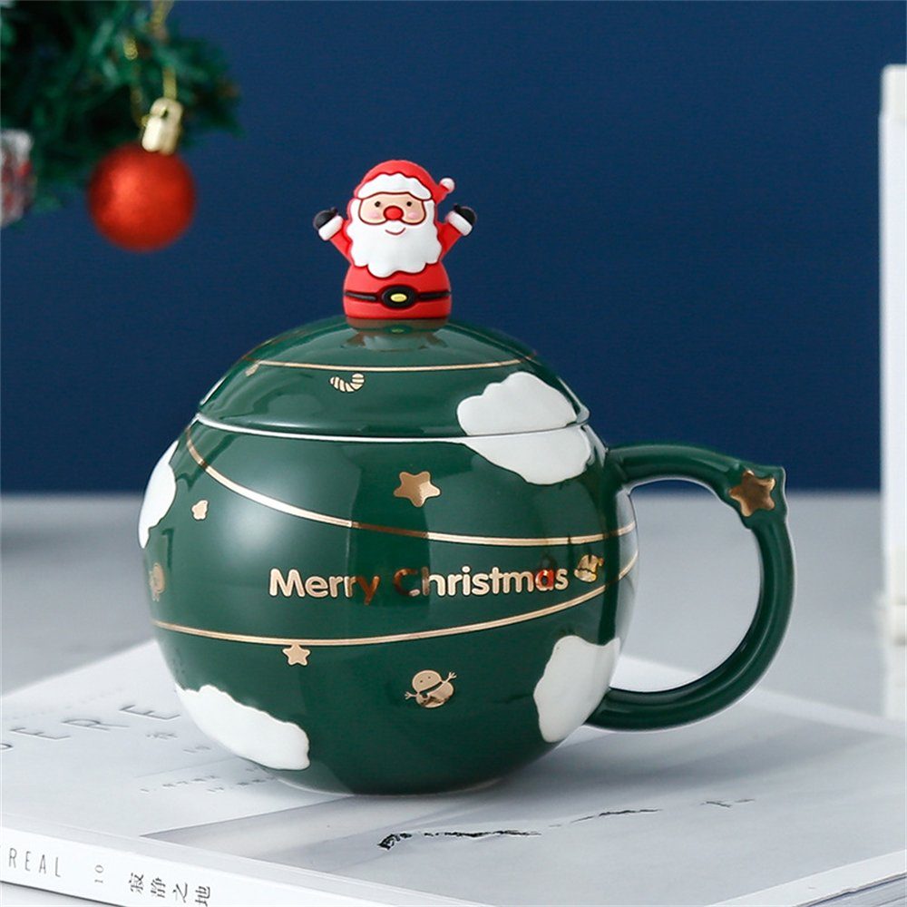 Rouemi Tasse Weihnachts-Keramikbecher, Kugelbecher mit Deckel und Löffelbecher Grün