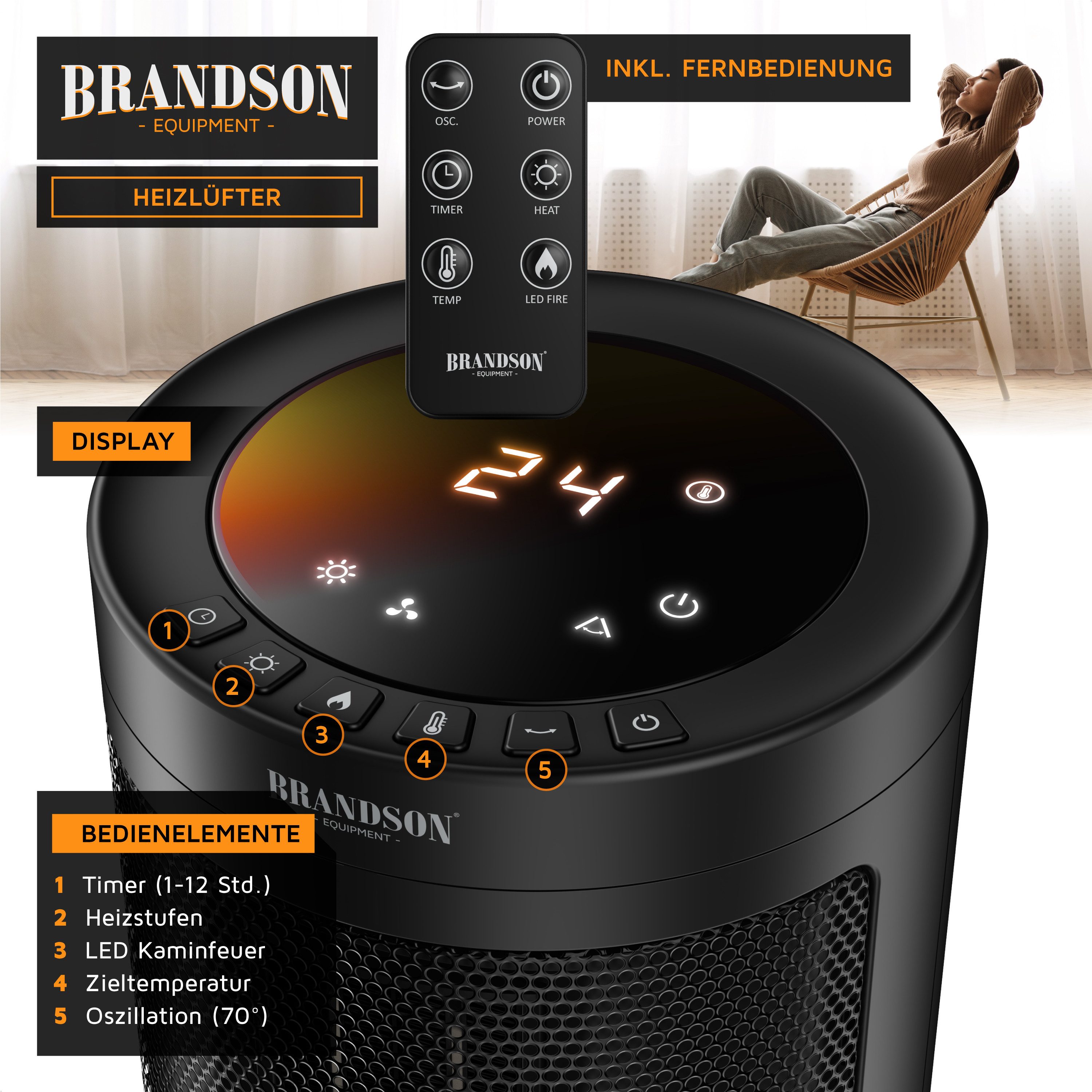 Brandson Heizlüfter mit Kaminfeuer-Effekt, Heizgerät, Timer, Oszillation, Fernbedienung, 1800 W, kompakt, Preisträger 2025, Thermostat, Energiesparend, Badezimm – Bild 4 von 5