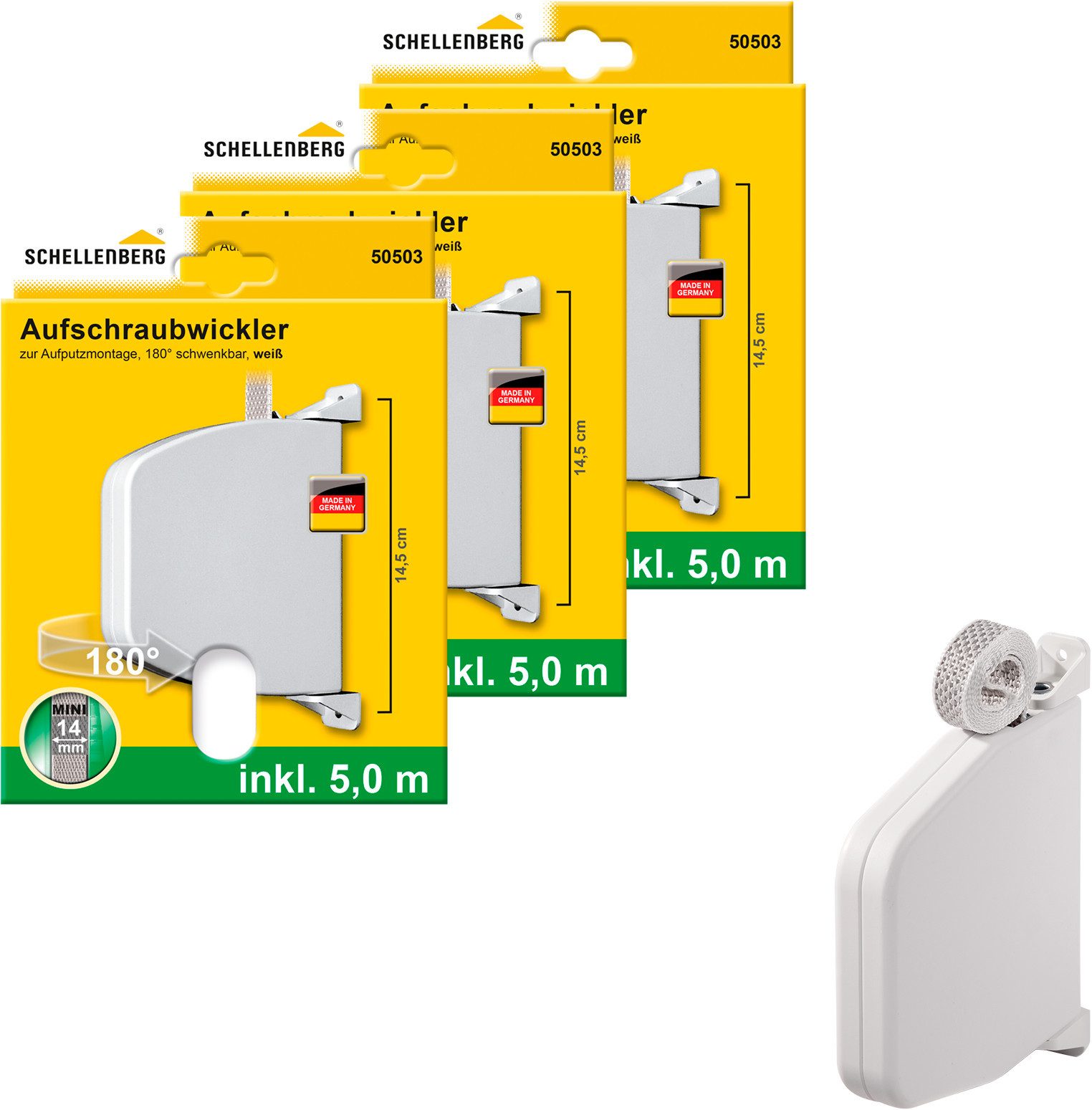 SCHELLENBERG Aufputz-Gurtwickler Aufschraubwickler für das Rollladensystem Mini, Gurtbreite 14 mm, Set, 3-tlg., schwenkbar, mit vormontiertem Rollladengurtband, braun oder weiß