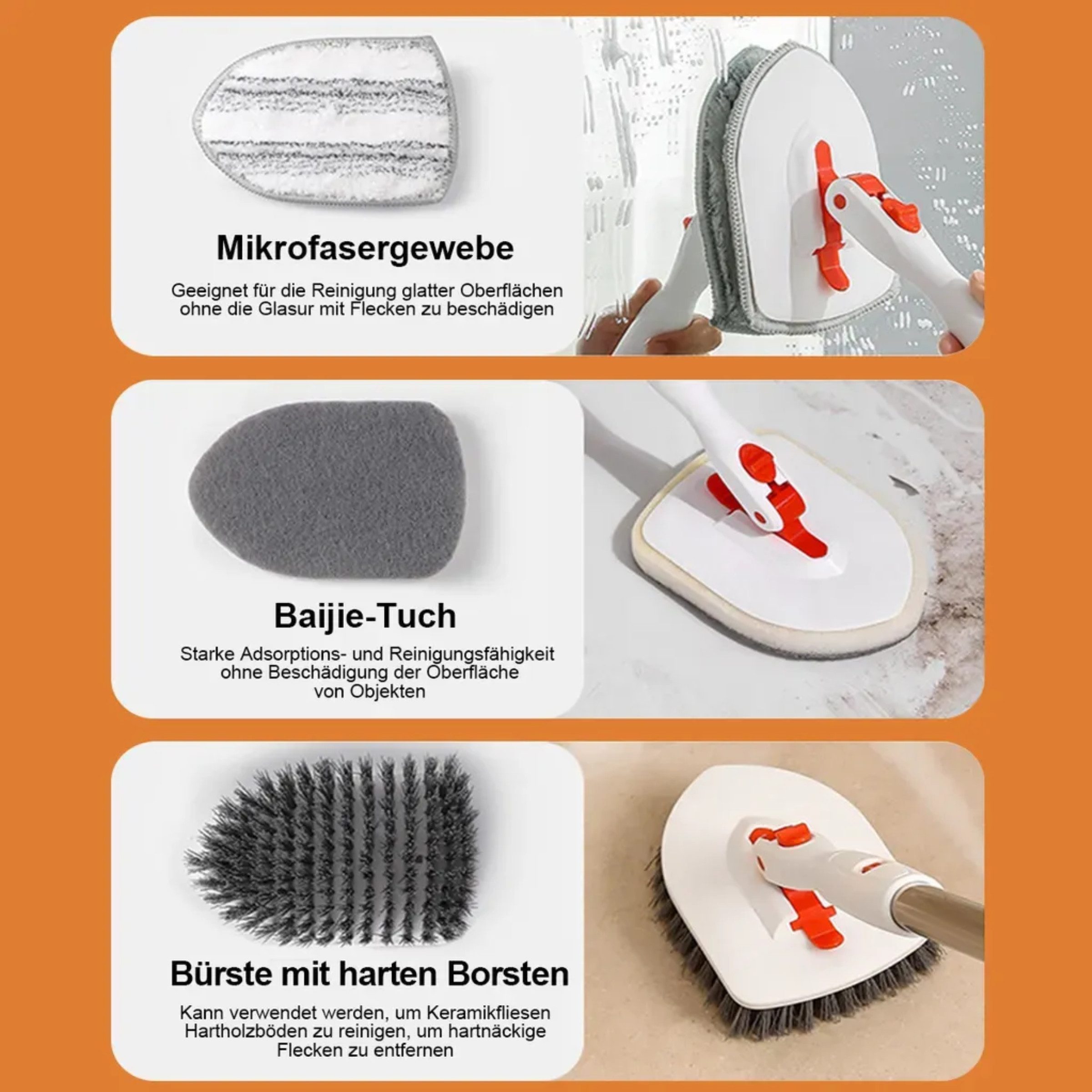 Welikera Reinigungsbürsten-Set Schrubber mit Stiel,Reinigungsbürste mit 4 austauschbare Bürstenköpfe, (Set), mit 180° drehbarem Verlängerungsstange,für Toilette,Küche,Badezimmer