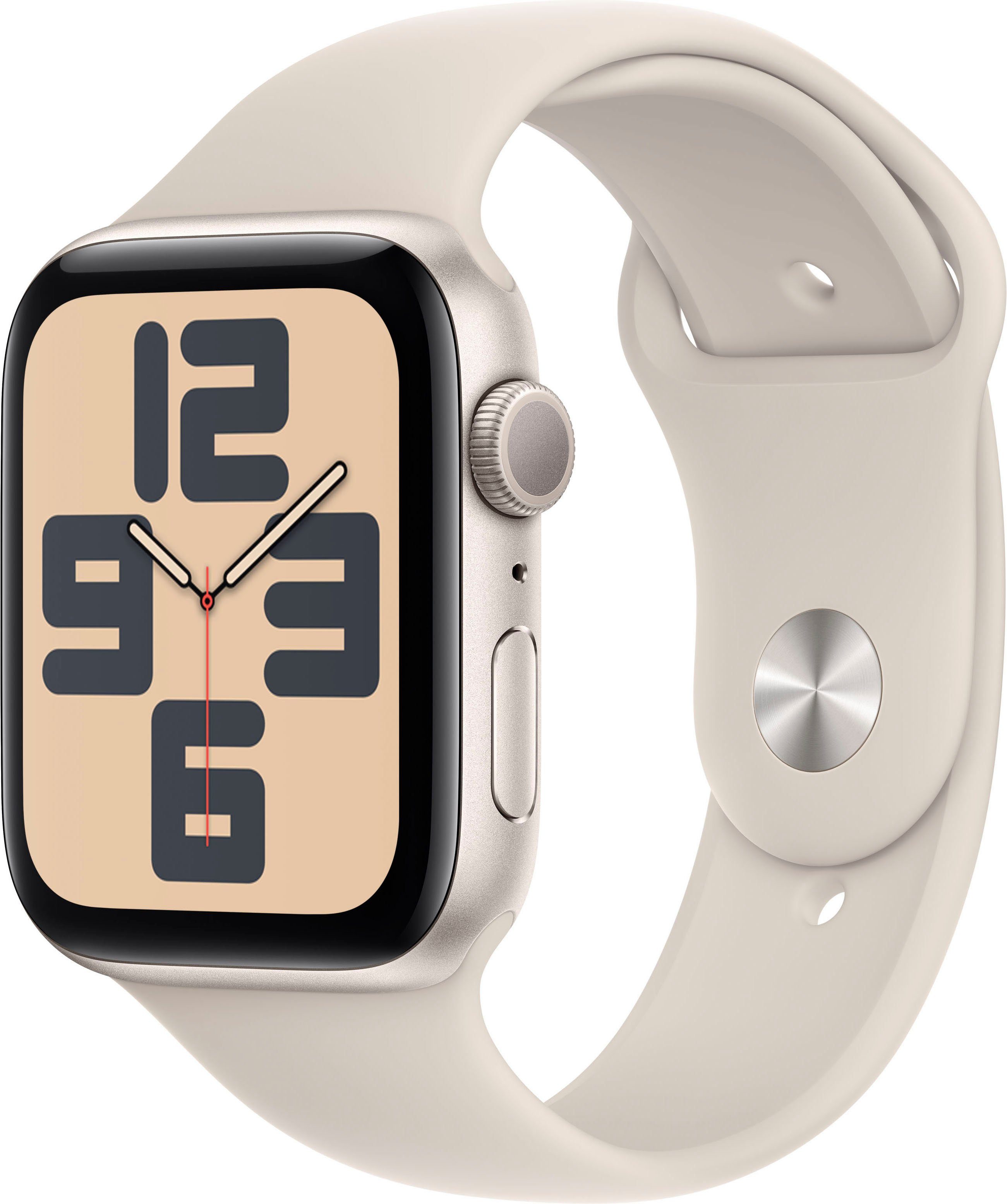 Apple Watch SE GPS 44 mm Aluminium M/L Smartwatch (4,4 cm/1,73 Zoll, Watch OS 10), Sport Band starlight | starlight