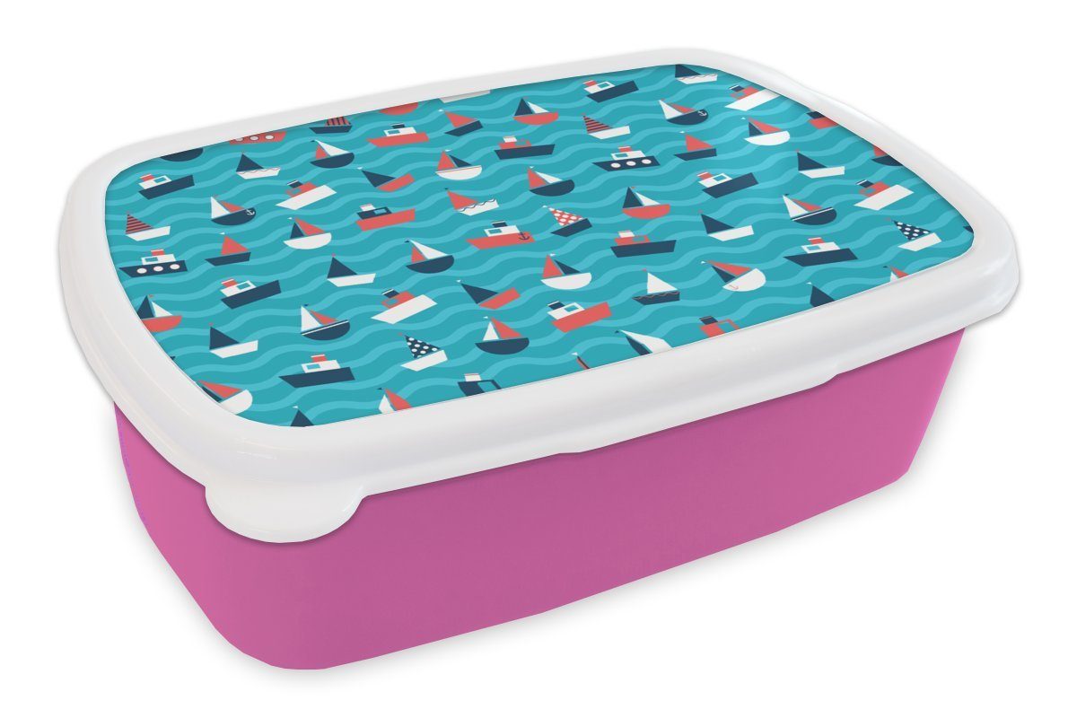MuchoWow Lunchbox Boote - Meer - Muster, Kunststoff, (2-tlg), Brotbox für Erwachsene, Brotdose Kinder, Snackbox, Mädchen, Kunststoff rosa